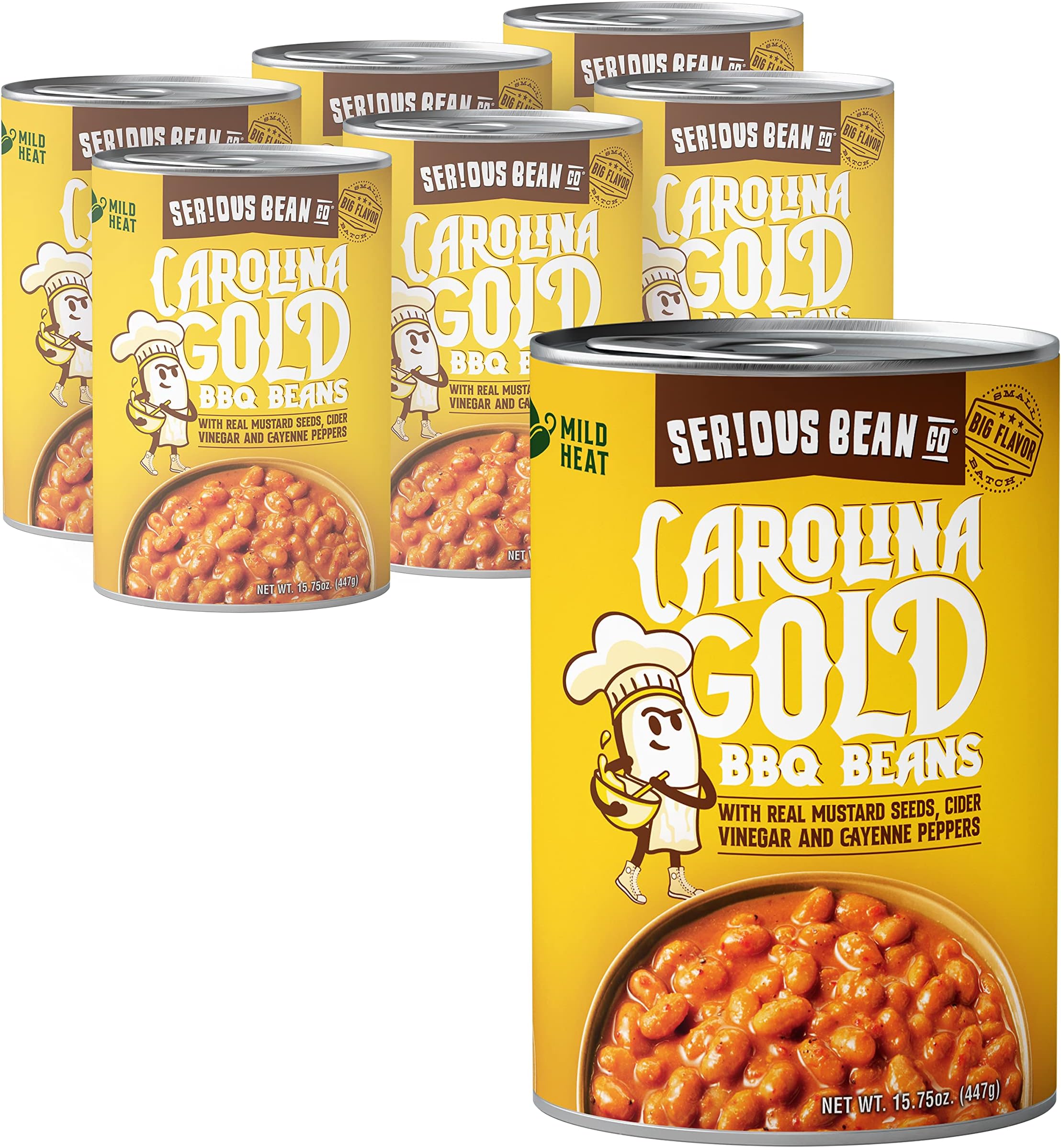 SERIOUS Bean Co Carolina Gold BBQ Beans, Fully Cooked, Plant-Based Canned Beans, Made with Real Mustard, Vegan Beans, Ready to Serve Beans, 6-Pack of 15.75 Oz. Cans