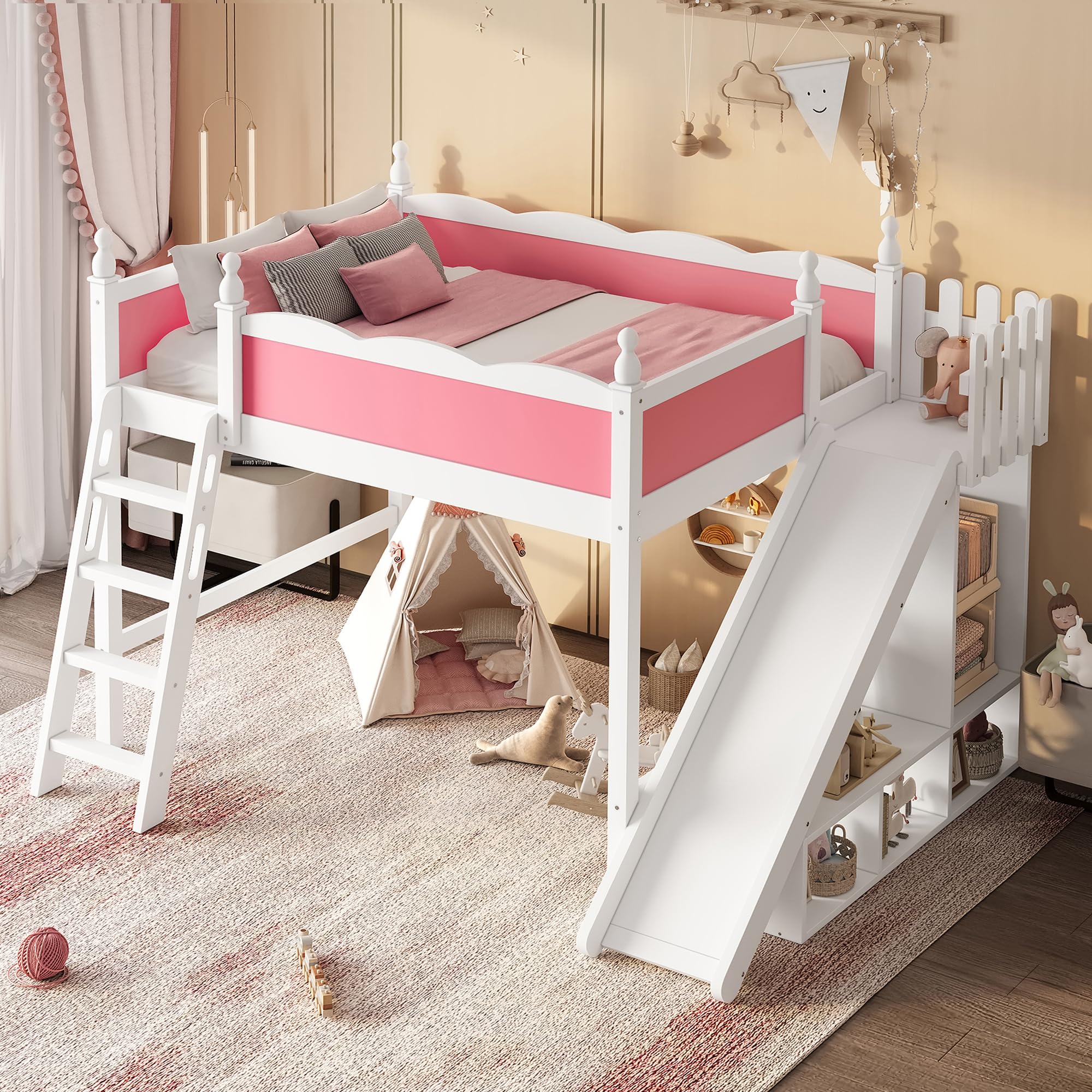 Full Size Loft Bed with Storage Shelves, Cabinet &amp; Detachable Slide and Ladders, Solid Wood Kids Loft Bed for Space-Saving, Playful &amp; Organized Bedroom (Light White+Pink2, Full)