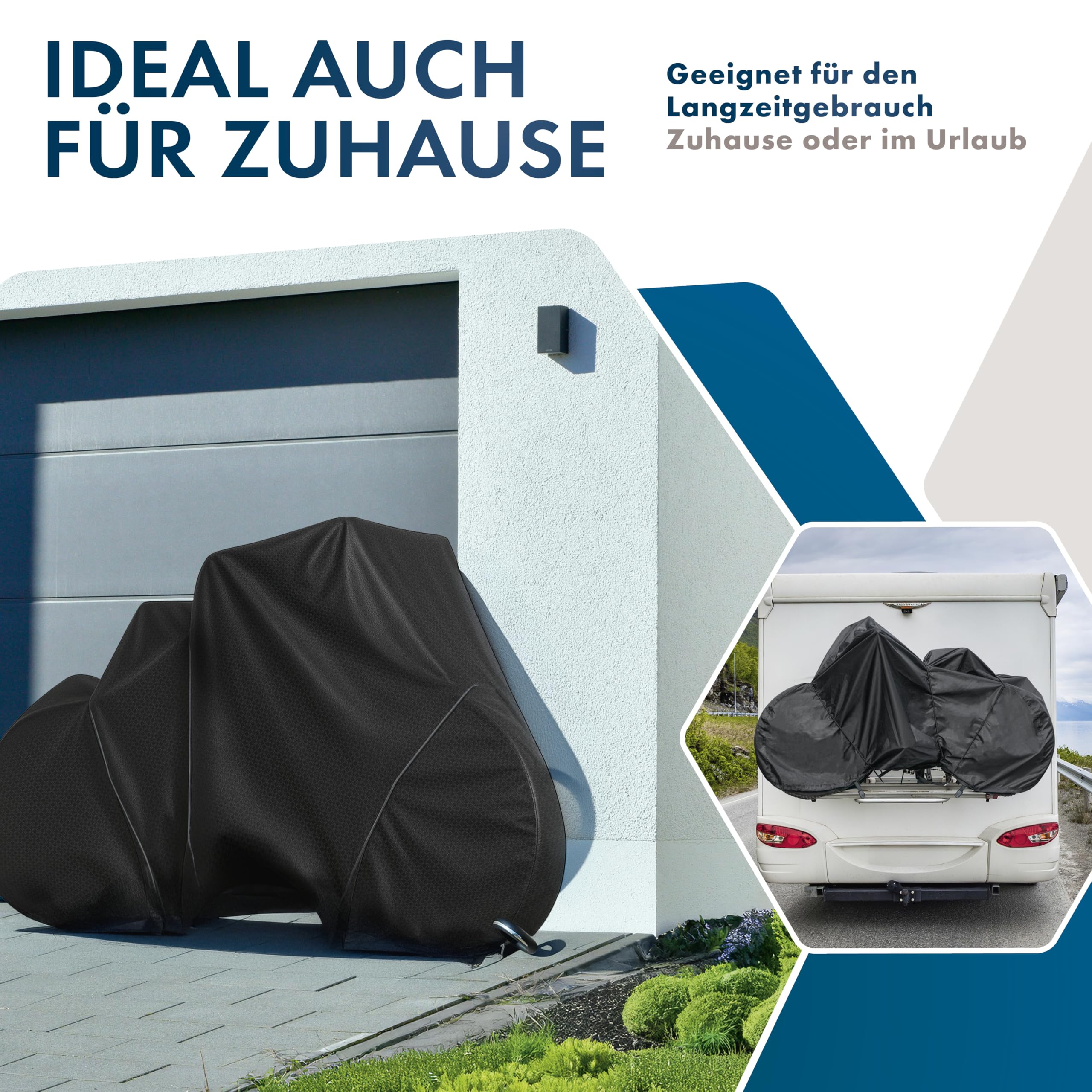 Walser Fahrradabdeckung für 2 Fahrräder, 100% wasserdichte Fahrradschutzhülle für Fahrradträger - optimal für Wohnmobil/Bus, Fahrradgarage inkl. Spanngummi + Aufbewahrungstasche 210x80x115cm schwarz