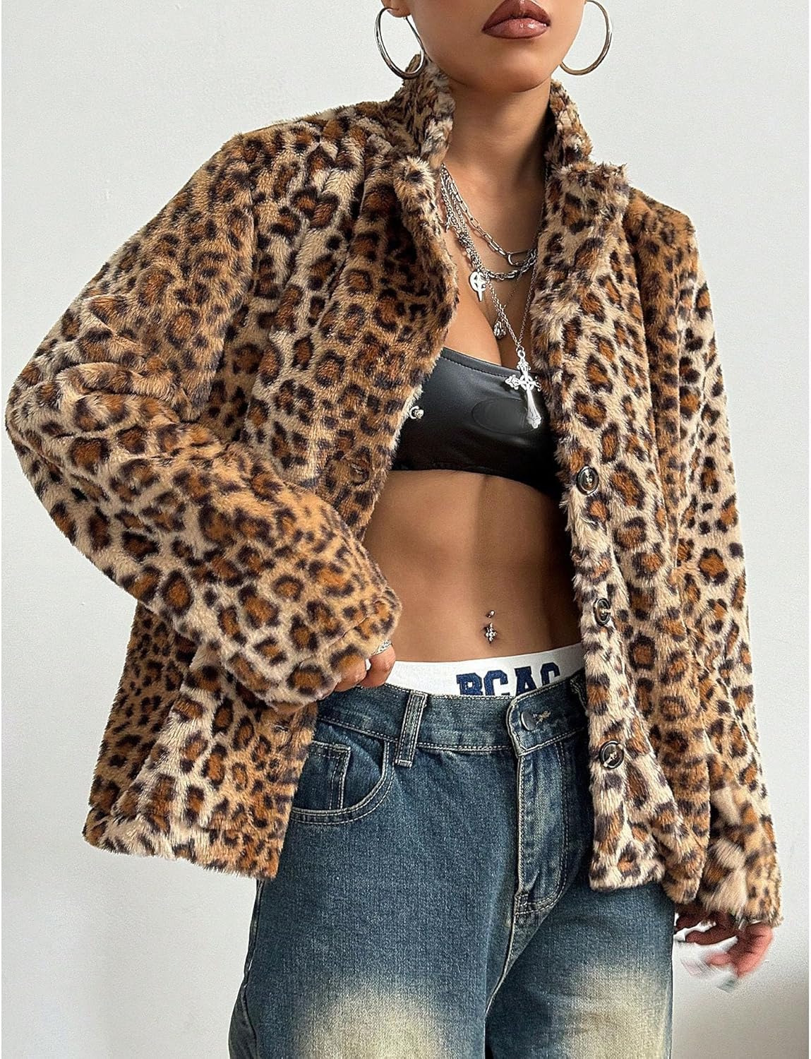 Sexyshine Women's Faux Fur Leopard Coat Winter Fall Lapel Collar Fuzzy Furry Button Down Fleece Fur Short Blazer Jackets - Image 3