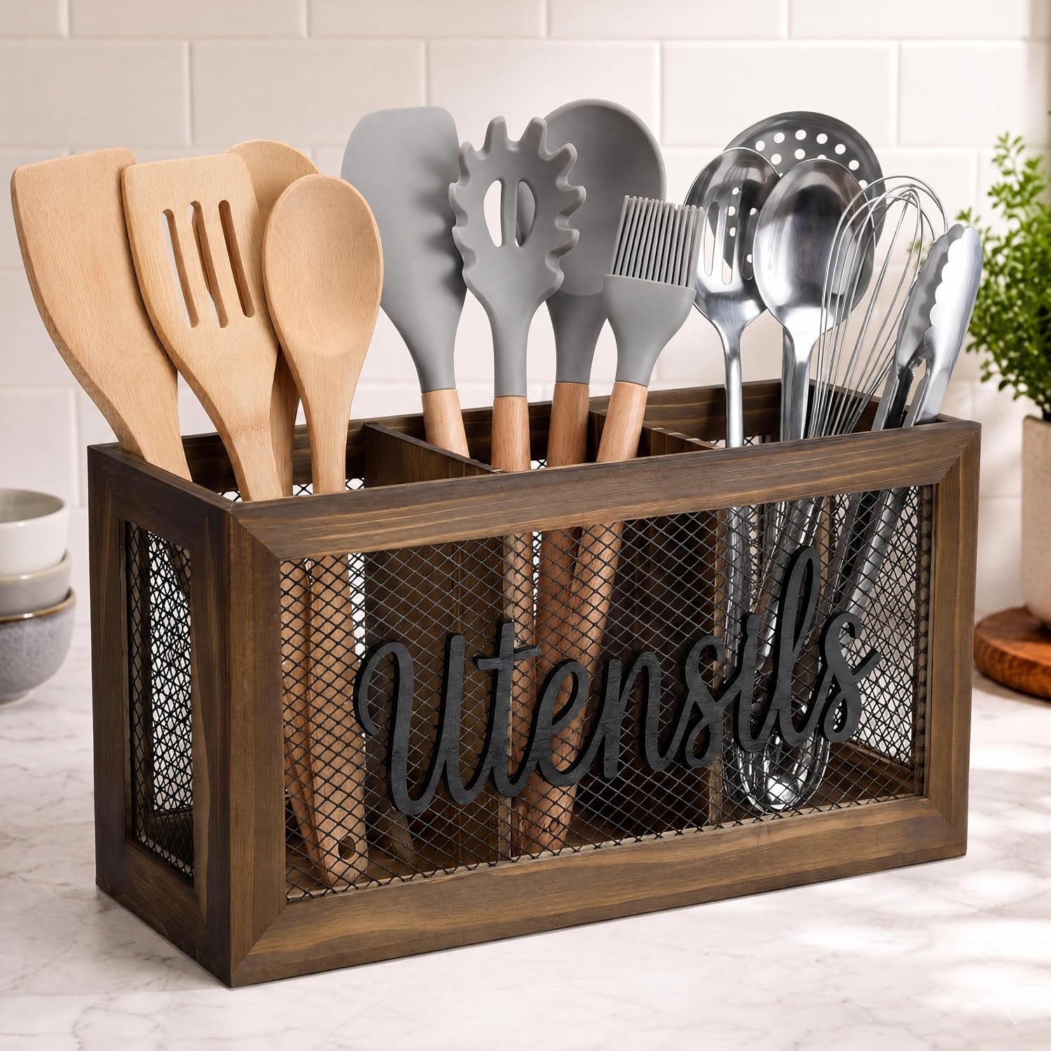 Farmhouse Utensil Holder Countertop, Black Burnt Pine 3 Compartment