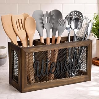Farmhouse Utensil Holder Countertop, Black Burnt Pine 3 Compartment | Wooden Rustic Utensil Organizer with Diamond Metal Wire Mesh Large Spatula Spoon Whisk Caddy for Kitchen