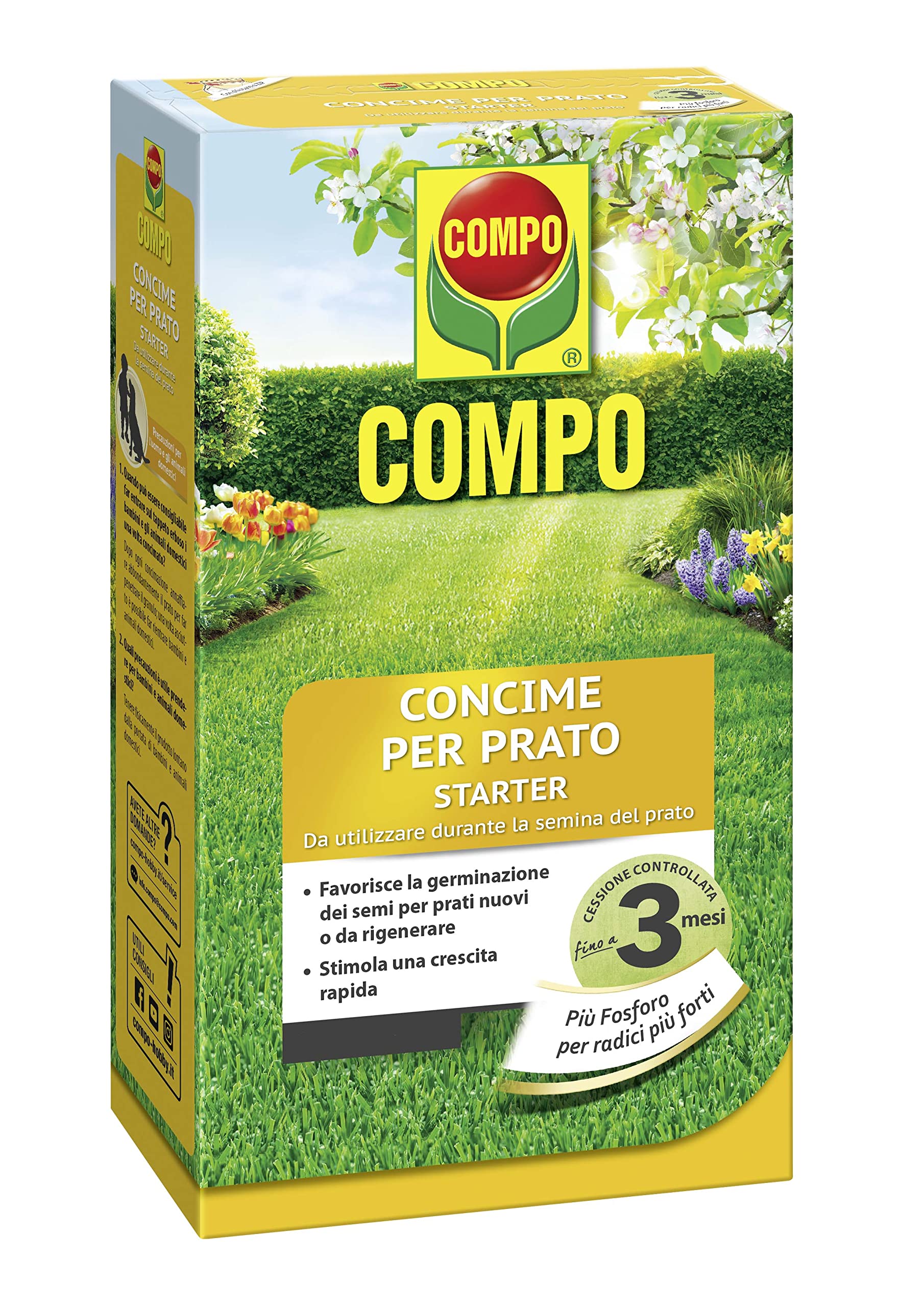 COMPO Concime per Prato STARTER, Concime a Lenta Cessione, Per la Semina e la Rigenerazione di Tappeti Erbosi, Cartone 2,5 kg