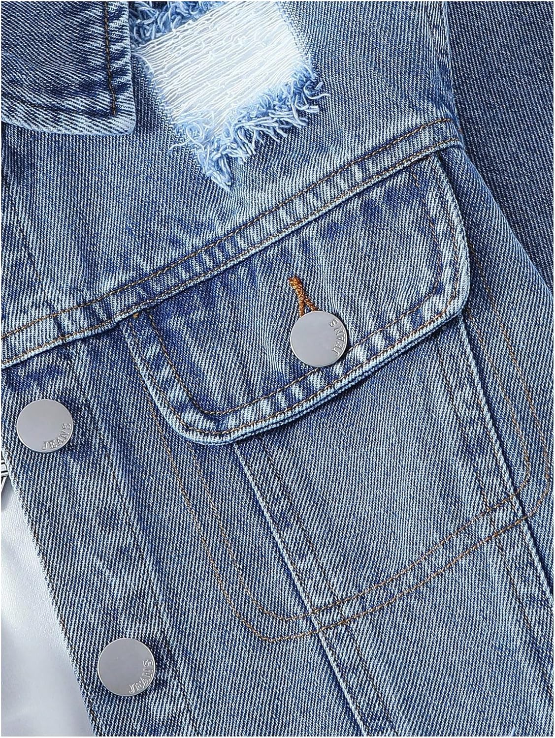 MakeMeChic Girl's 2 Piece Outfits Ripped Raw Hem Long Sleeve Button Down Denim Jacket and Pleated Jean Skirt Sets - Image 4