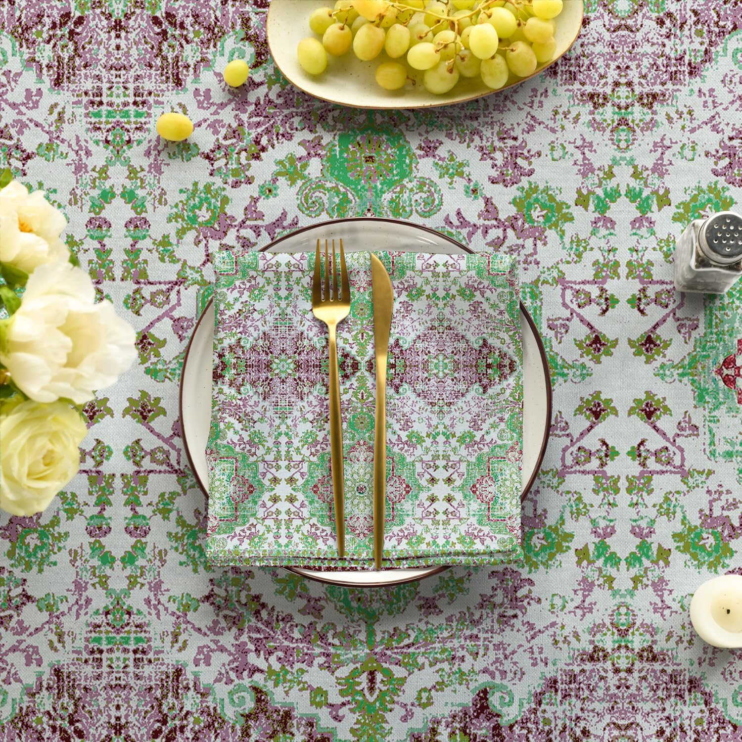 Horaldaily Boho Bohemia Style Tablecloth 60×140 Inch Rectangular, Green Vintage Country Rustic Farmhouse Magical Fall Orange Washable Seasonal Table Cover for Party Picnic Dinner Decor