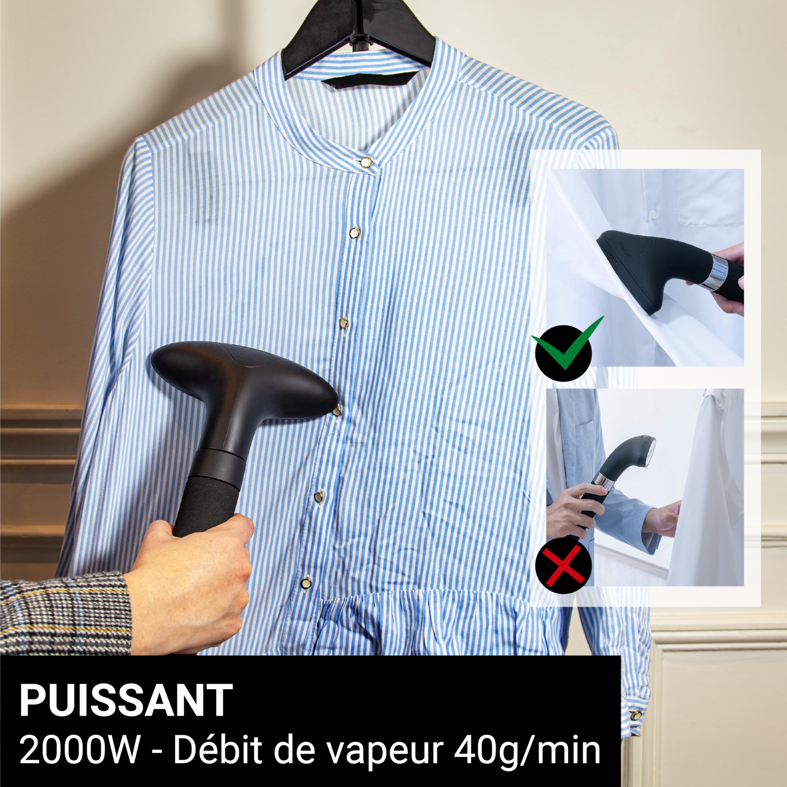 STEAMONE - Defroisseur Vapeur Vertical - Steamer Puissant 2000W - Qualité Professionnelle - Fer à Repasser - Grand Réservoir 3,5L - Accessoires inclus - Cable de 2,5m - Entreprise Française - T2000B