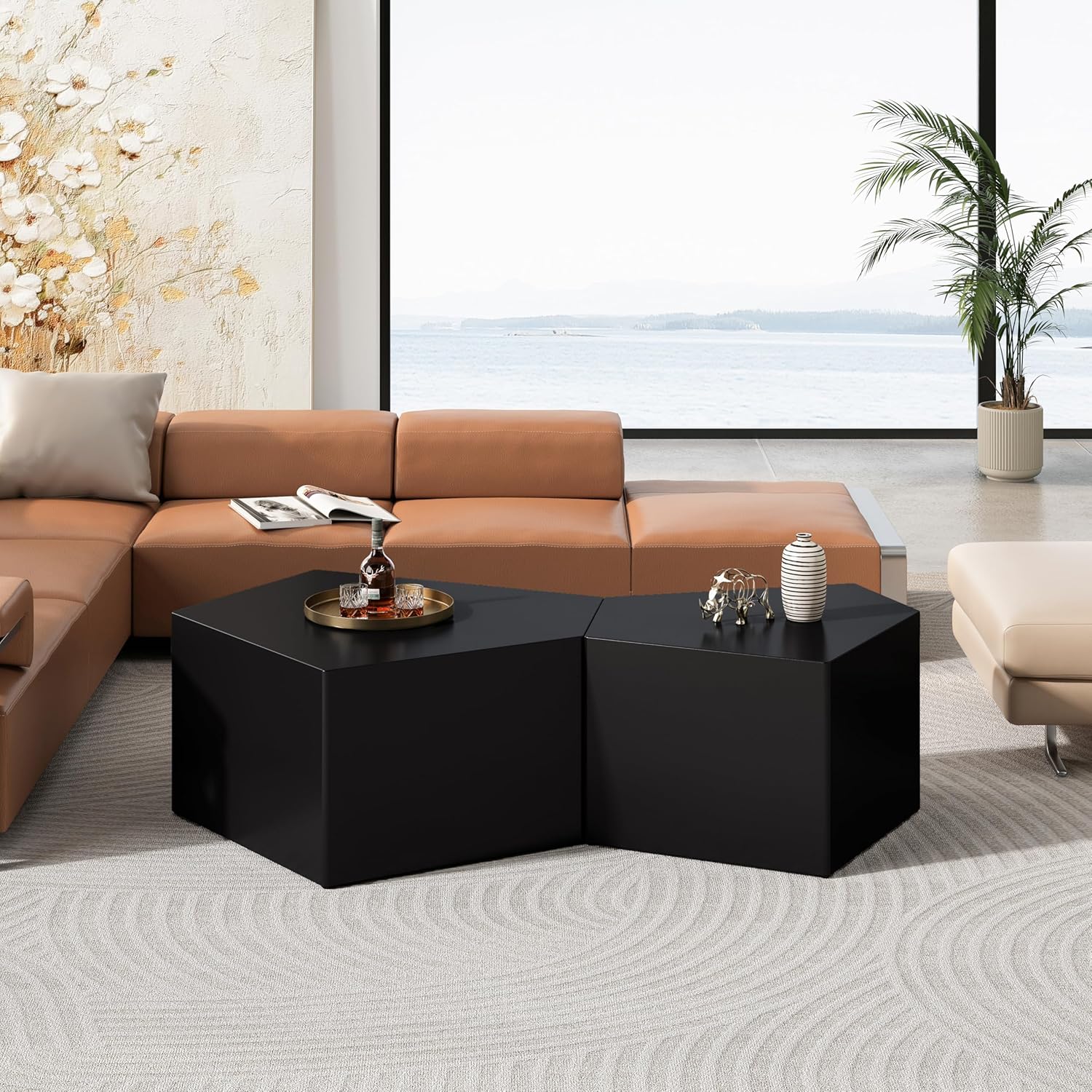 Yoglad Set of 2 Pentagon Nesting Coffee Tables, Irregular-Shaped Coffee Tables, Modern Industrial Style Furniture, No Assembly Needed for Living Room Bedroom Apartment (Black)