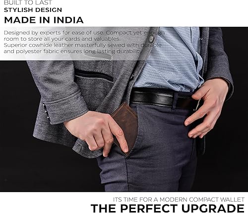 Miniatura 6 de Billetera triple de cuero real para hombres - Carteras RFID delgadas 9 tarjetas de crédito titular 2 compartimentos de identificación regalo para