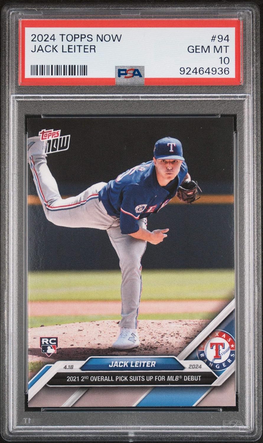 Graded 2024 Topps Now Jack Leiter #94 Rookie RC Baseball Card PSA 10 Gem Mint
