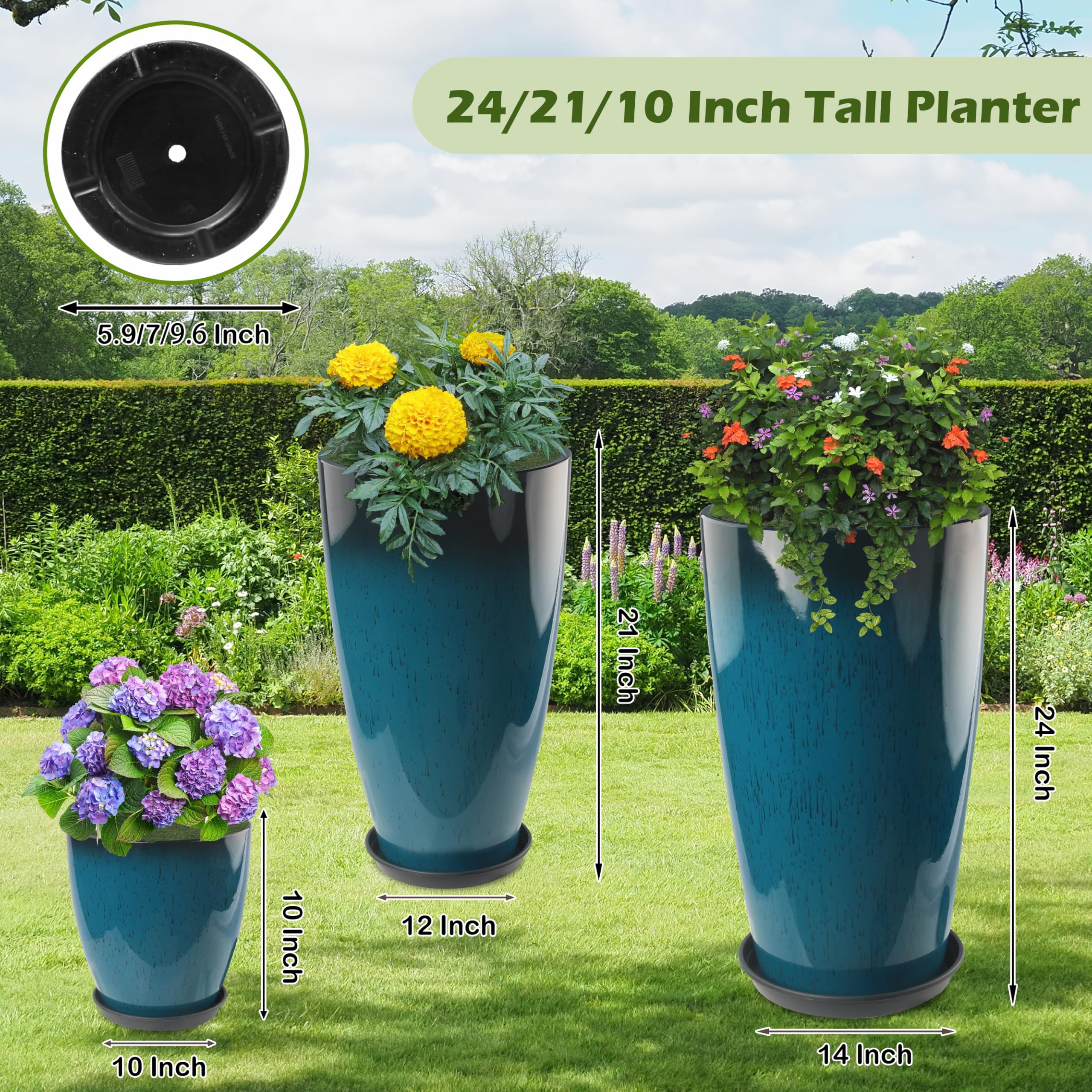 Goldshire 24-21-11 Inch Tall Planters for Outdoor Plants Set of 3 Blue — product photo