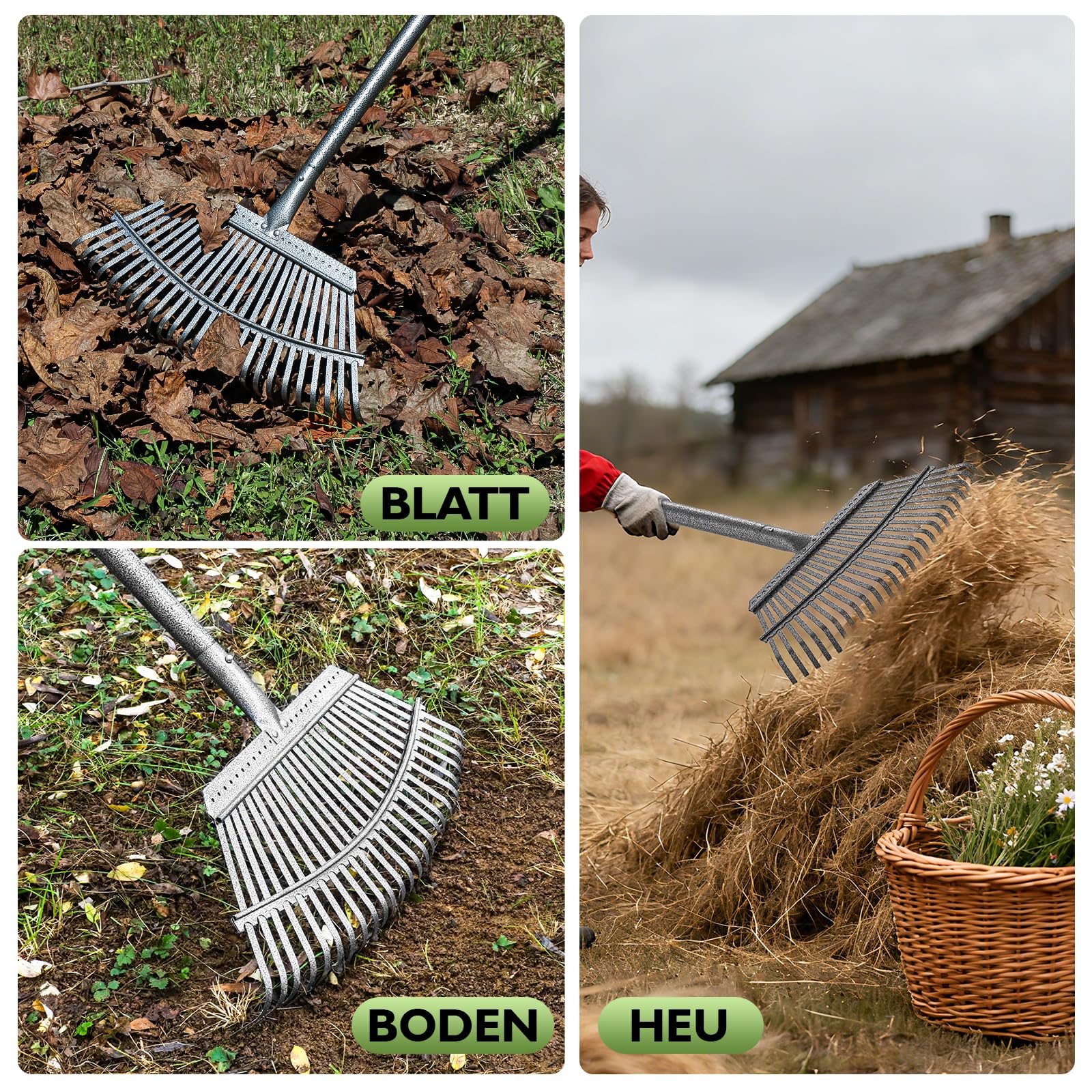 Rechen Garten,25+11 Zinken Laubrechen mit Stiel Metall, Verstellbarer Stiel (70-185 cm),Schwerlast Laub,Gartenharke für Laub, Rasen, Boden,inkl. 2 Handschuhe