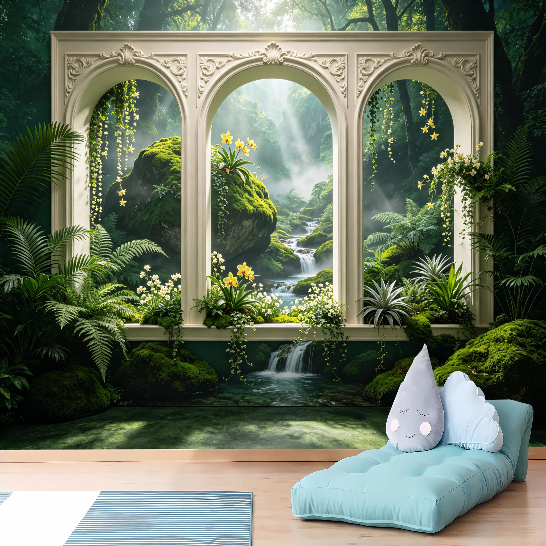 Custom Size Wall Murals,Tropical Waterfall View from Ornate Arched Windows Wall Murals,Realistic,Self-Adhesive Removable Wallpaper for Living Room Home Decor