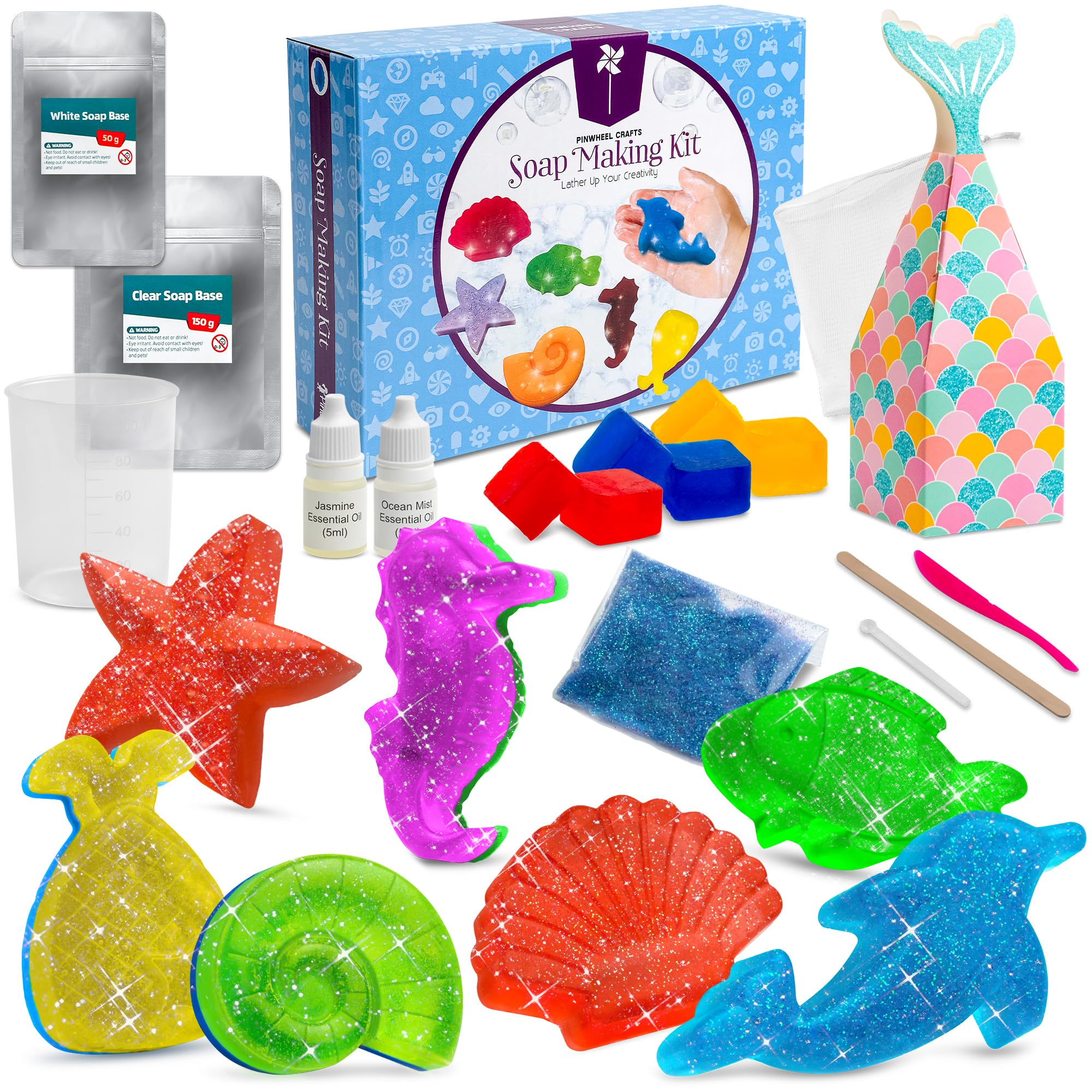 Pinwheel Crafts DIY Soap Making Kit for Kids Ages 5 6 7 8-12+ with Molds, Scents, Dye, Glitter, Foaming Net - Sealife Soap Making Kits for Adults