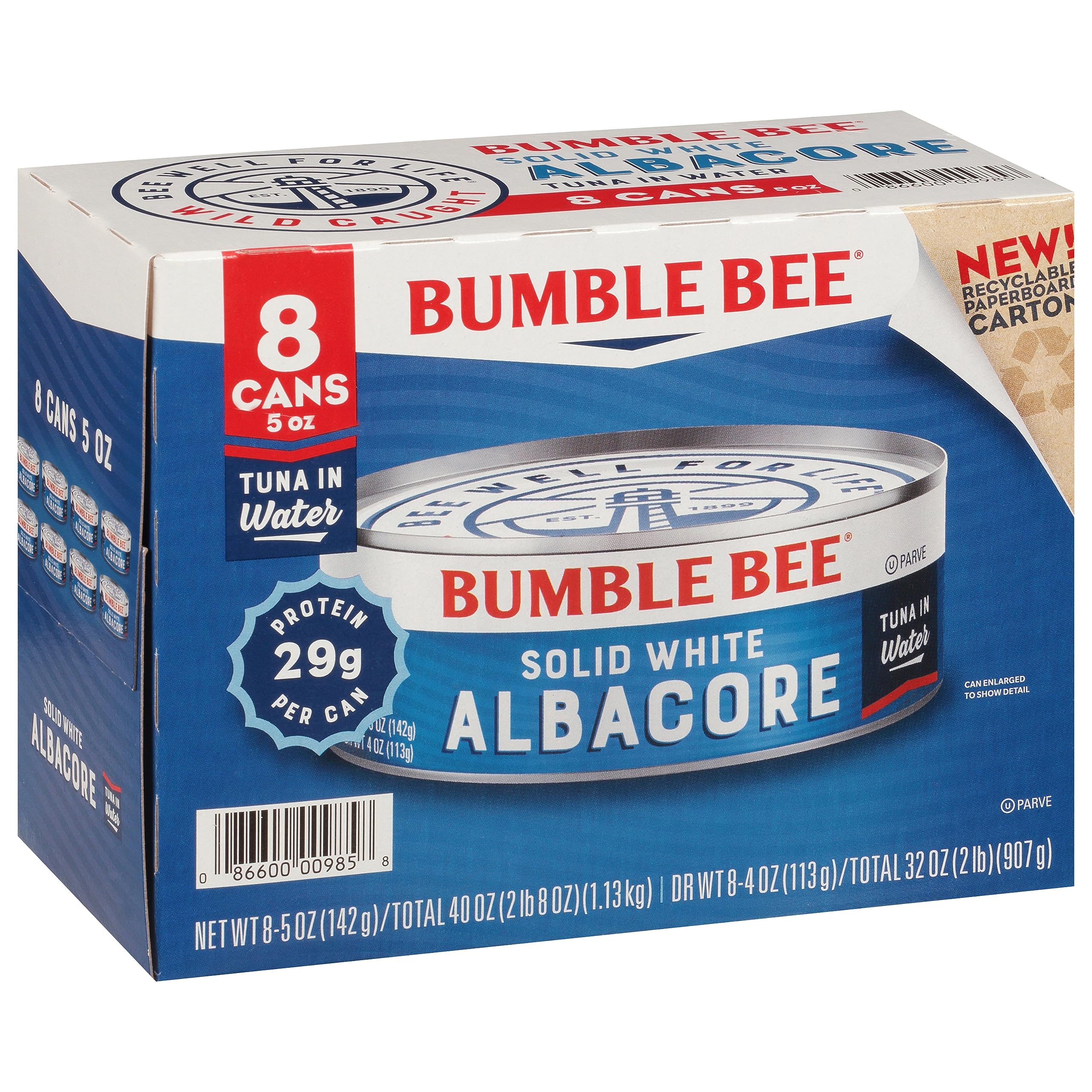 Bumble Bee Solid White Albacore Tuna in Water 5 oz Can (Pack of 8) Wild Caught Tuna 29g