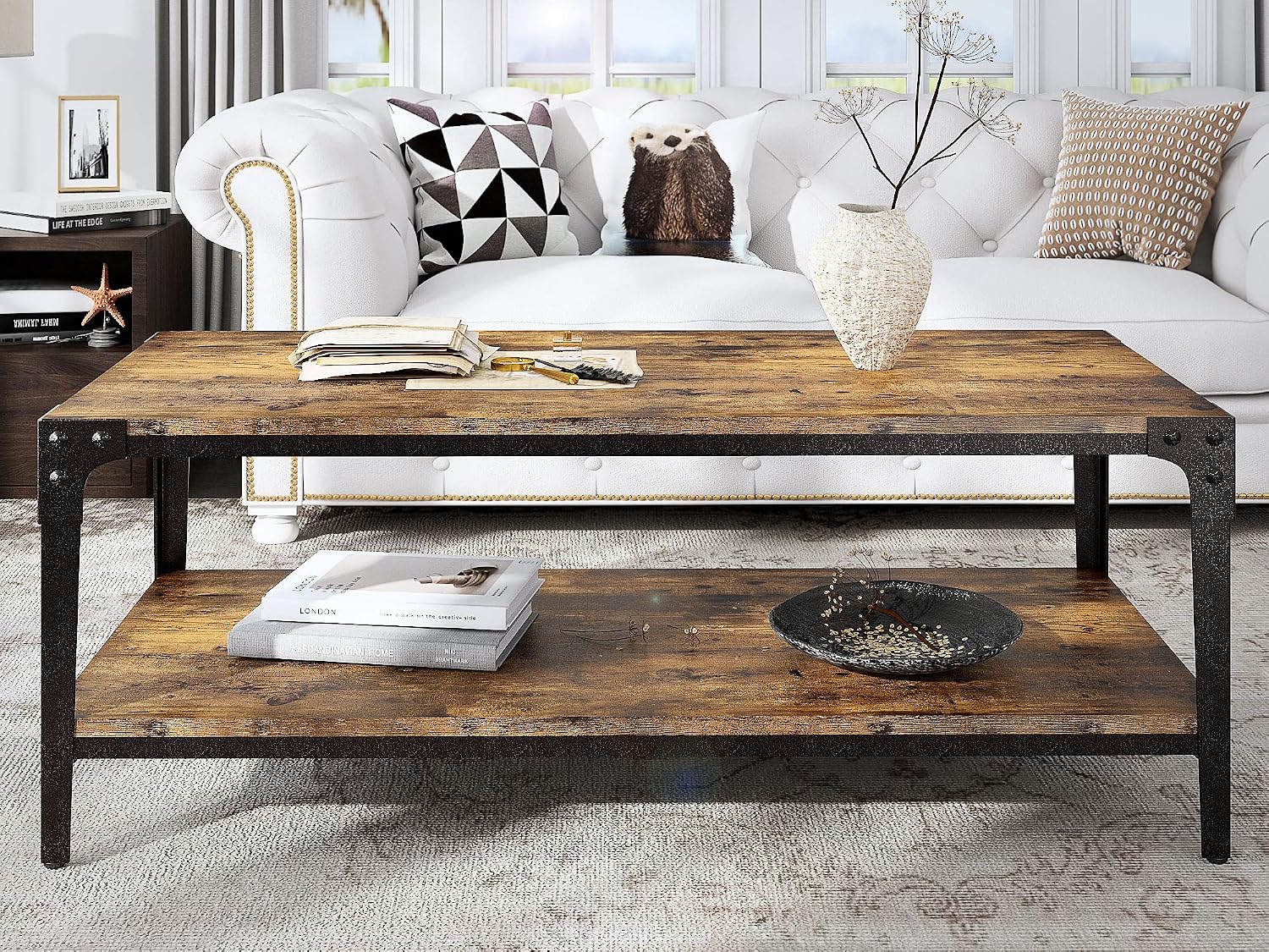 Allewie 44.3" Industrial Coffee Table with 2-Tier Storage Shelf for Living Room, Wood Look Accent Furniture with Rivet Design, Easy Assembly, Rustic Brown