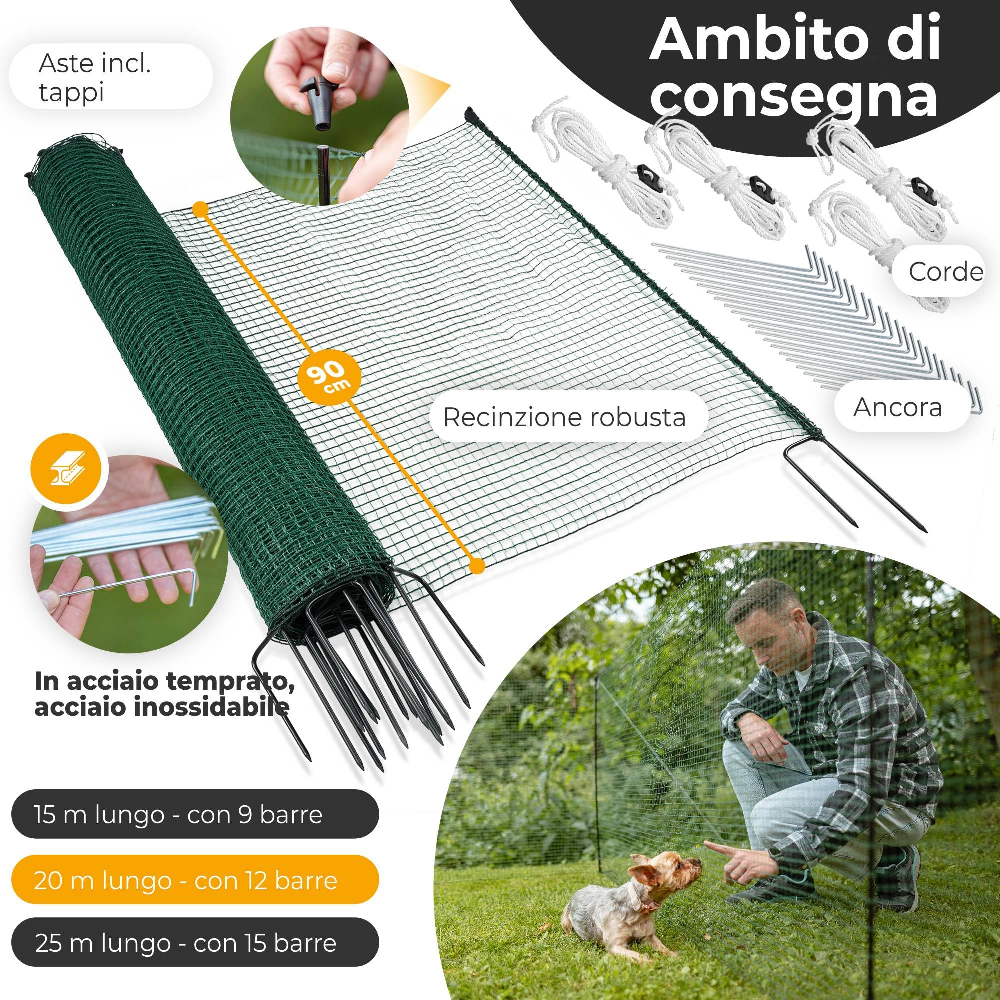 NATURIZ® Pollaio 15m / 20m / 25m x 90cm- recinto per cani e recinto cani campeggio, estremamente stabile, Verde (20 m)