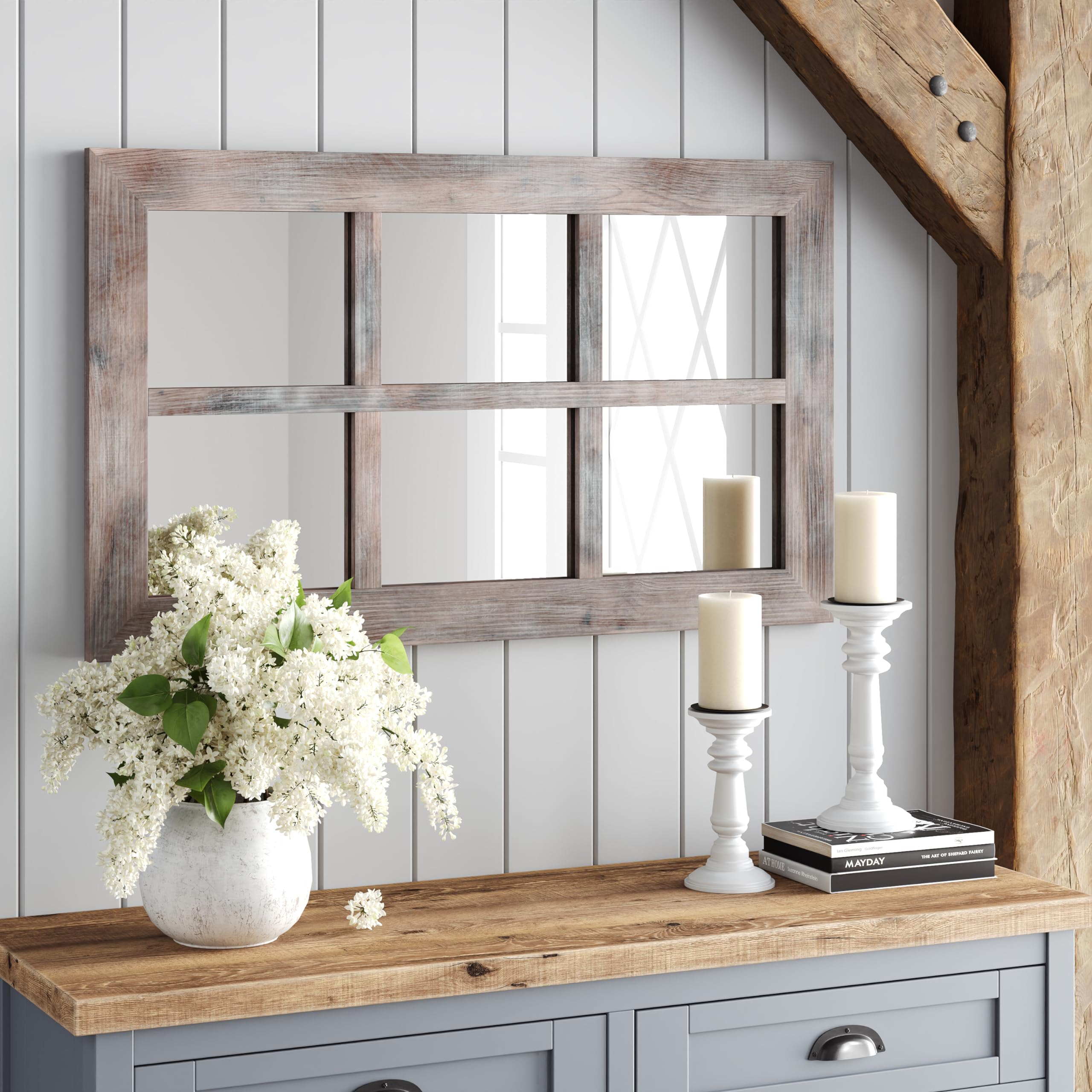 SOFE Espejo Rústico Para Ventana, Decoración De Pared De 11 X 16 Pulgadas, Espejo De Marco De Ventana De Granja Blanco Envejecido Para Decoración De Pared, Espejo Decorativo De Madera Para