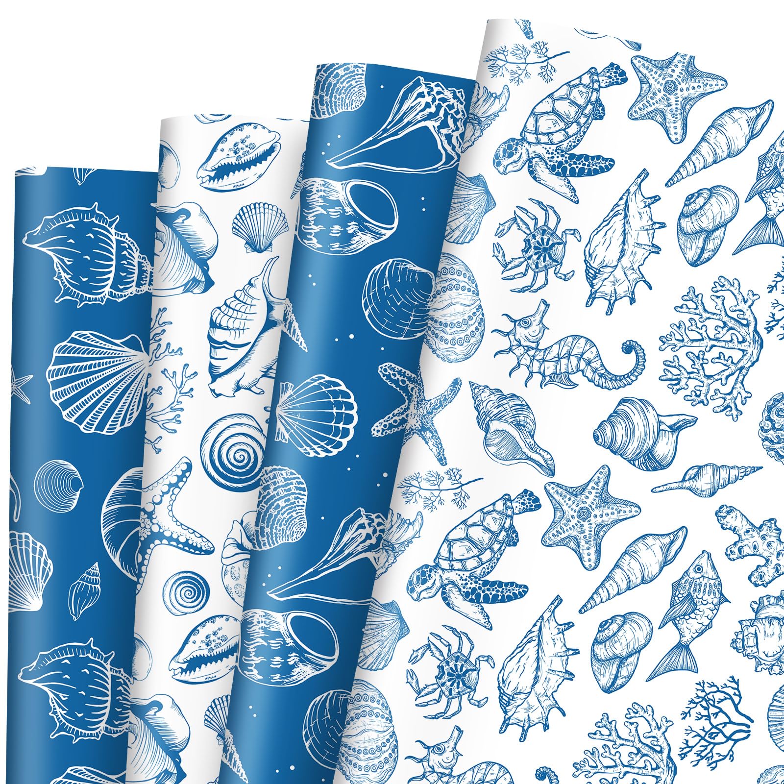 JarThenaAMCS 8 Sheet Ocean Wrapping Paper -Not?Roll- White Blue Seashell Gift Wrap Paper Folded Flat Under the Sea Art Paper for Summer DIY Crafts Gift Wrapping