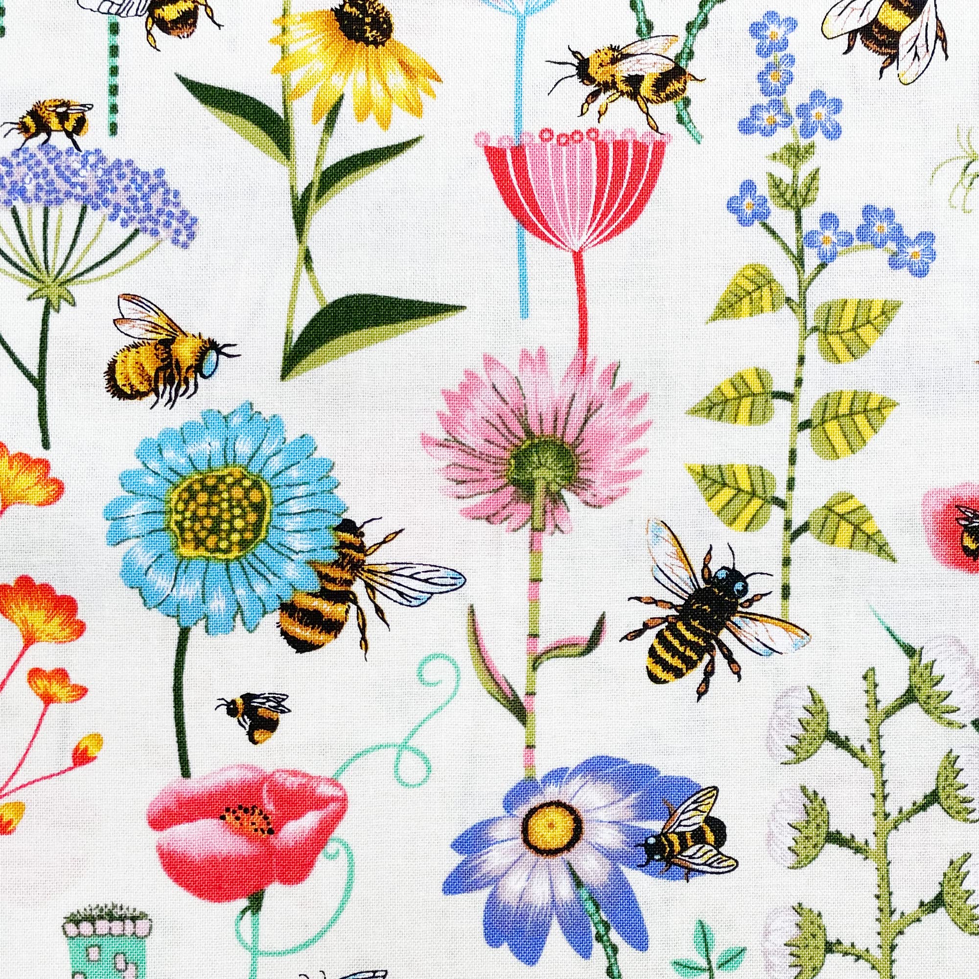 Nutex Fabric - Bee Haven Bumble Bees & Flowers - Patchwork Quilting Dressmaking Craft Fabric