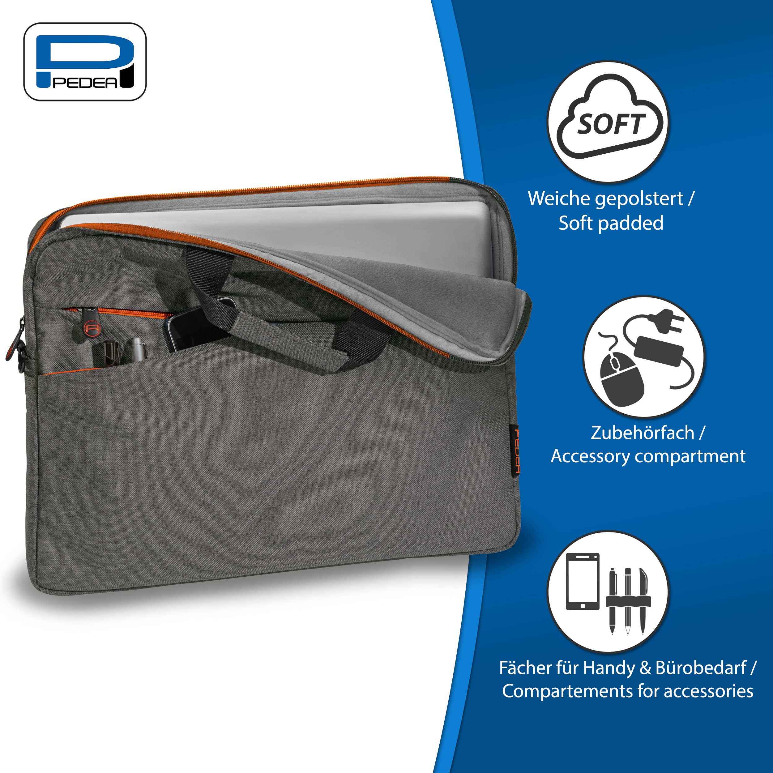Pedea - Torba na laptopa *Fashion* torba na notebooka do 15,6 cala - torba na laptopa z paskiem na ramię - pokrowiec na laptopa szary/pomarańczowy - torba na notebooka dla kobiet i mężczyzn
