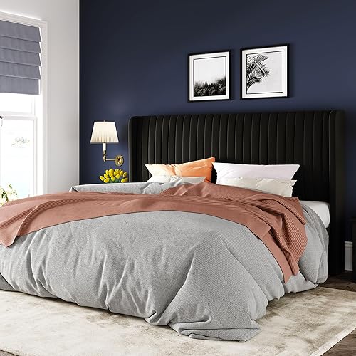 Miniatura 23 de Allewie - Base de cama tamaño Queen con cabecera acolchada tapizada en terciopelo y diseño acanalado vertical; plataforma de cama tapizada; listones