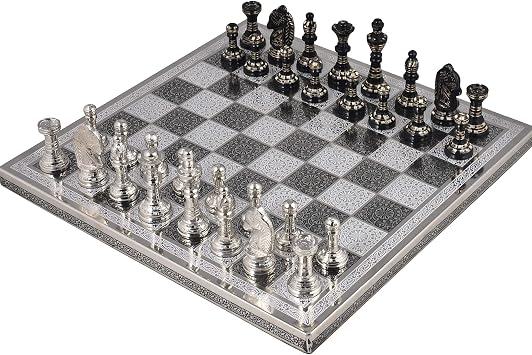 Royal Chess Mall Staunton-Inspired Chess Set with Board, Antique Brass Metal, Black and Silver, 12-in by 12-in, Luxury Chess Set with 2.7-in King, Chess Pieces Included