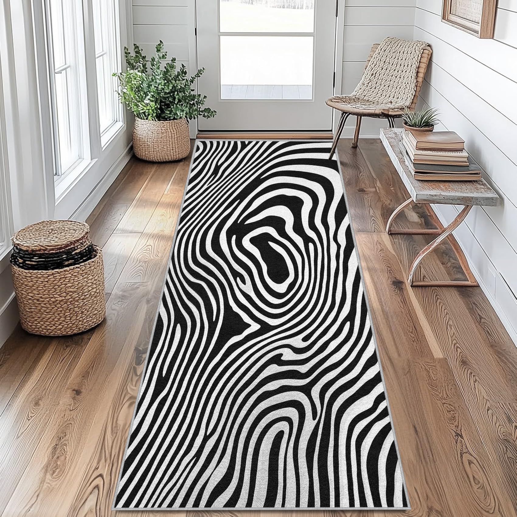 Generisch Zebra Print Läufer Teppich Flur 60x180cm Waschbar Schwarz Weiß Teppichläufer rutschfest Kurzflor Teppich Läufer für Eingang, küche, Schlafzimmer, Wohnzimmer, Korridor