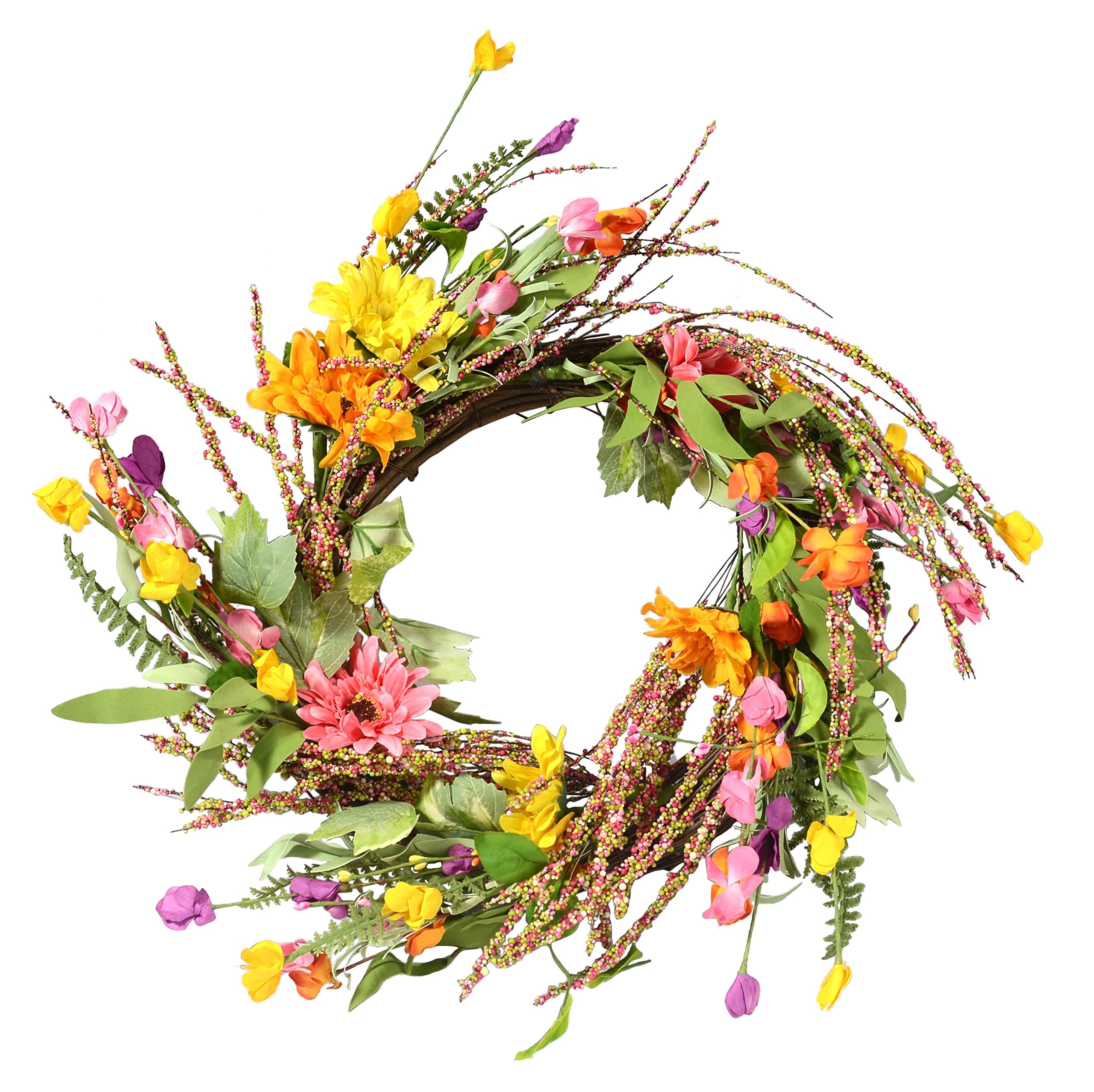 24 Inch Mixed Gerbera Daisy Artificial Spring Wreath on a Natural Twig Base