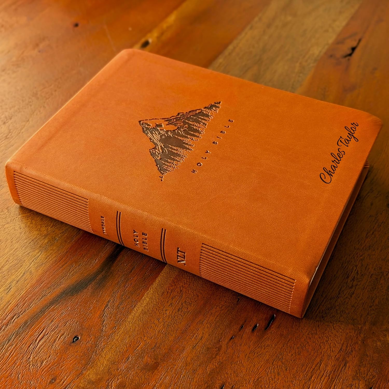 Personalized NLT Giant Print Premium Value Bible – Filament Enabled | LeatherLike British Tan Mountain Edition | Custom Engraved | 14-Point Extra Large Print | New Living Translation with Filament App & Life Application Topics Index | 9.5” x 7” (Name Only)