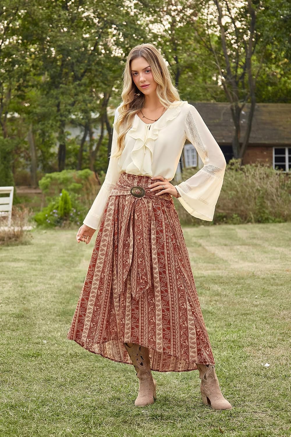 Women's Flowy Western Maxi Skirt: High Waisted Boho Floral, High Low Hem — view 3
