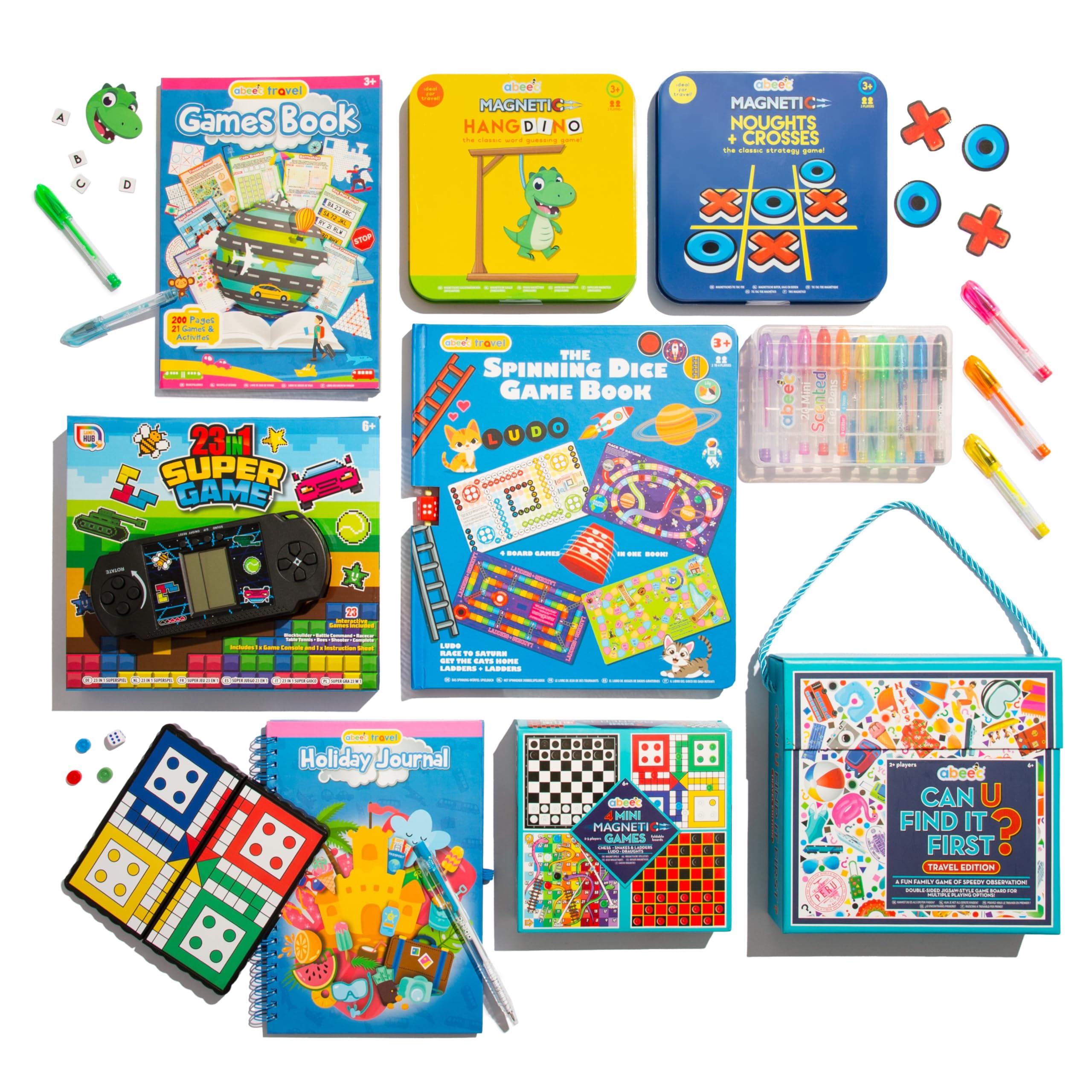 abeec Ultimate Travel Games Pack, 9 Piece Mega Activity Set for Ages 6+, Handheld Electronic Game, Magnetic Games, Cards, Puzzle Books, Gel Pens and Journal, Family Travel Entertainment