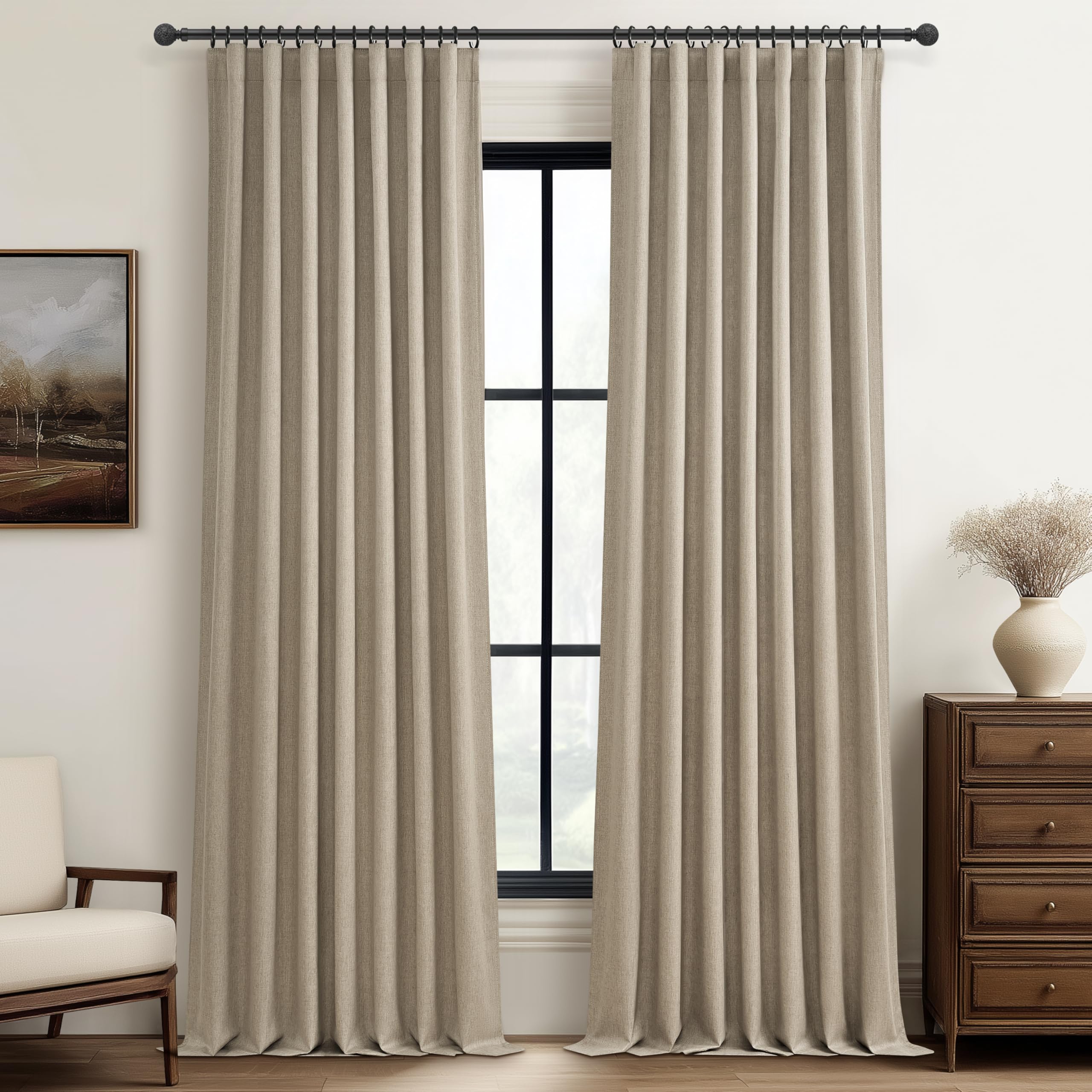 QJmydeco Black Out 96 Inch Long Boho Curtains 2 Panel Set, Farmhouse Curtains for Living Room Darkening/Thermal/Noise Reduction Textured Flax Linen Drape 8ft Hook&Ring Included GreyBeige 50"x96" โ image 1