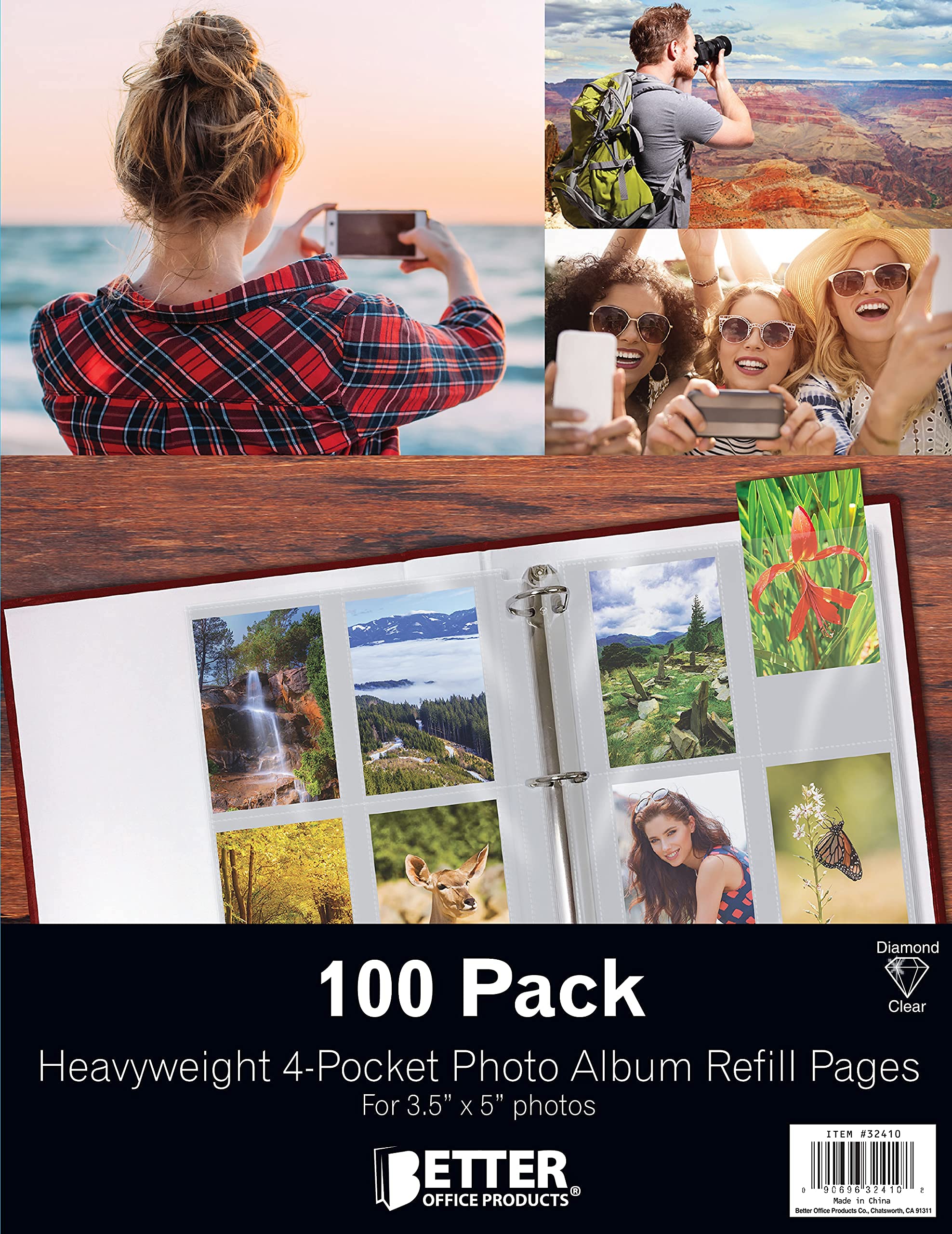 Better Office Products - Hojas de recambio para álbum de fotos, 3.5 x 5 pulgadas, peso pesado, 3 anillos transparentes de diamante, 800 fotos en total, cada hoja de 4 bolsillos tiene capacidad para