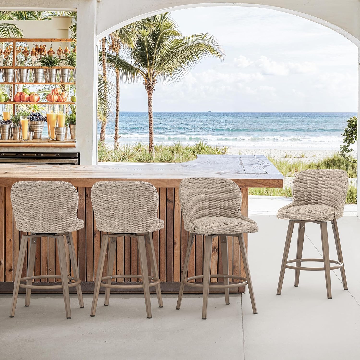 Swivel Outdoor Bar Stools Set of 4, 27" Counter Wicker Patio Chair - Waterproof & All-Weather, Boho Coastal Bar Stools with Backrest for Porch,Kitchen Island,Patio,Pool,Apricot