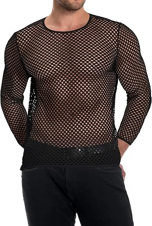 Men's Mesh Fishnet Top Long Sleeve Sheer See Through T Shirt Fitted Muscle Blouse Clubwear