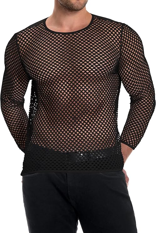 Men's Mesh Fishnet Top Long Sleeve Sheer See Through T Shirt Fitted Muscle Blouse Clubwear