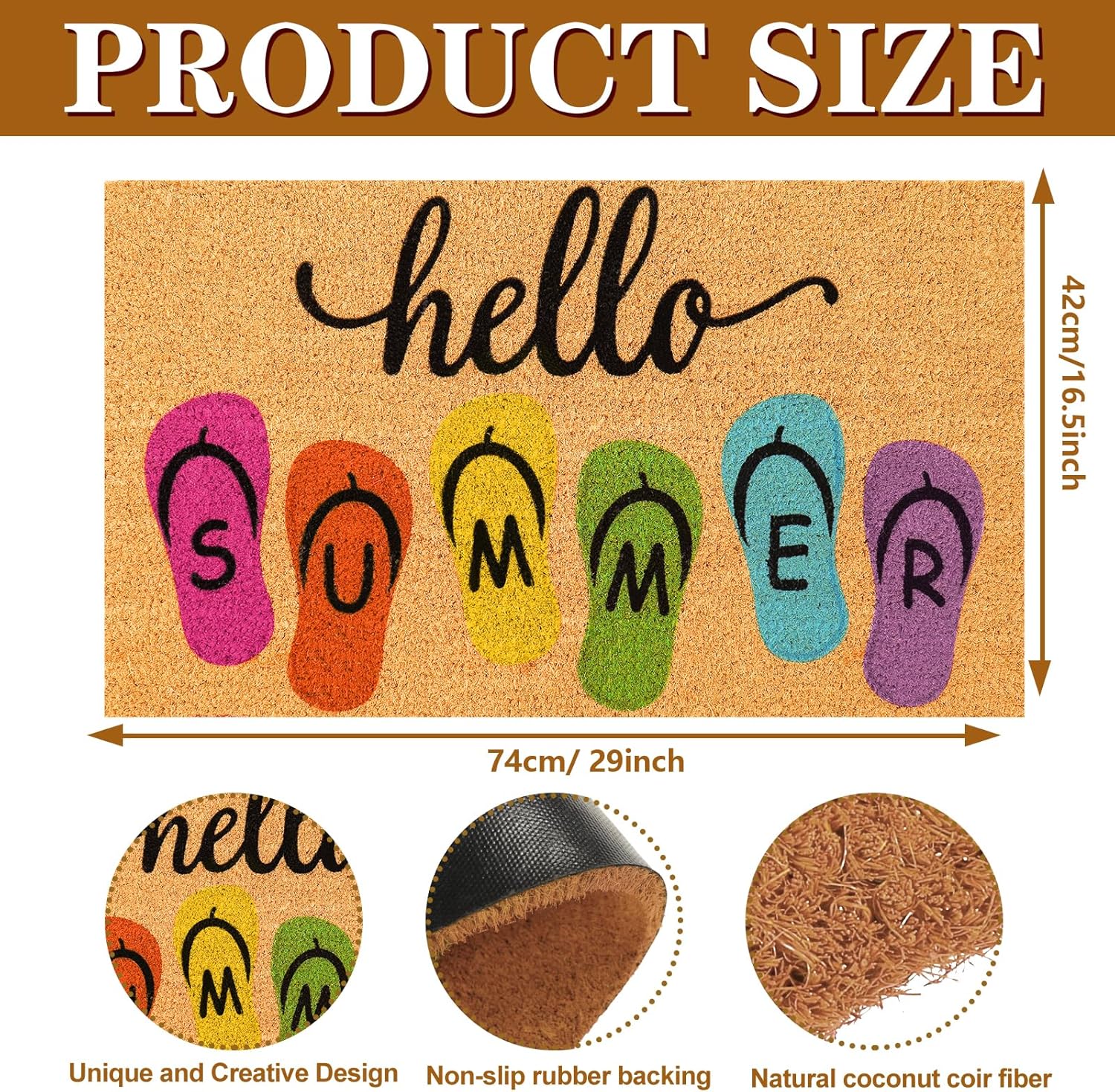 JarThenaAMCS Hello Summer Natural Coir Door Mat Colorful Summer Slippers Welcome Floor Mat Non-Slip Entrance Door Rugs for Indoor Outdoor Home Bathroom Decor, 16.5 x 29 Inch