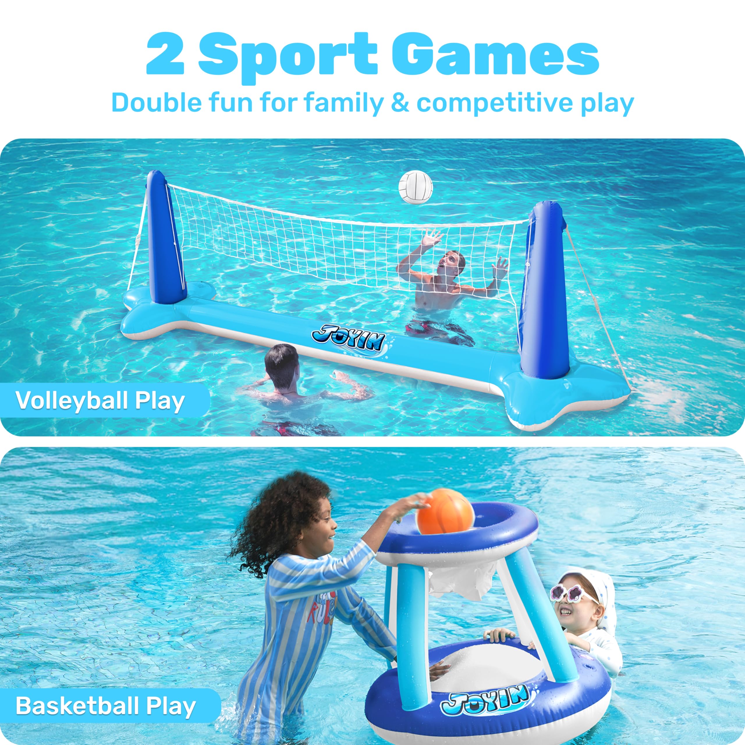 JOYIN Galleggianti gonfiabili per piscina, rete da pallavolo e canestro da basket, gioco di nuoto galleggiante per bambini/adulti, galleggianti estivi, giocattoli estivi per sport acquatici, blu scuro