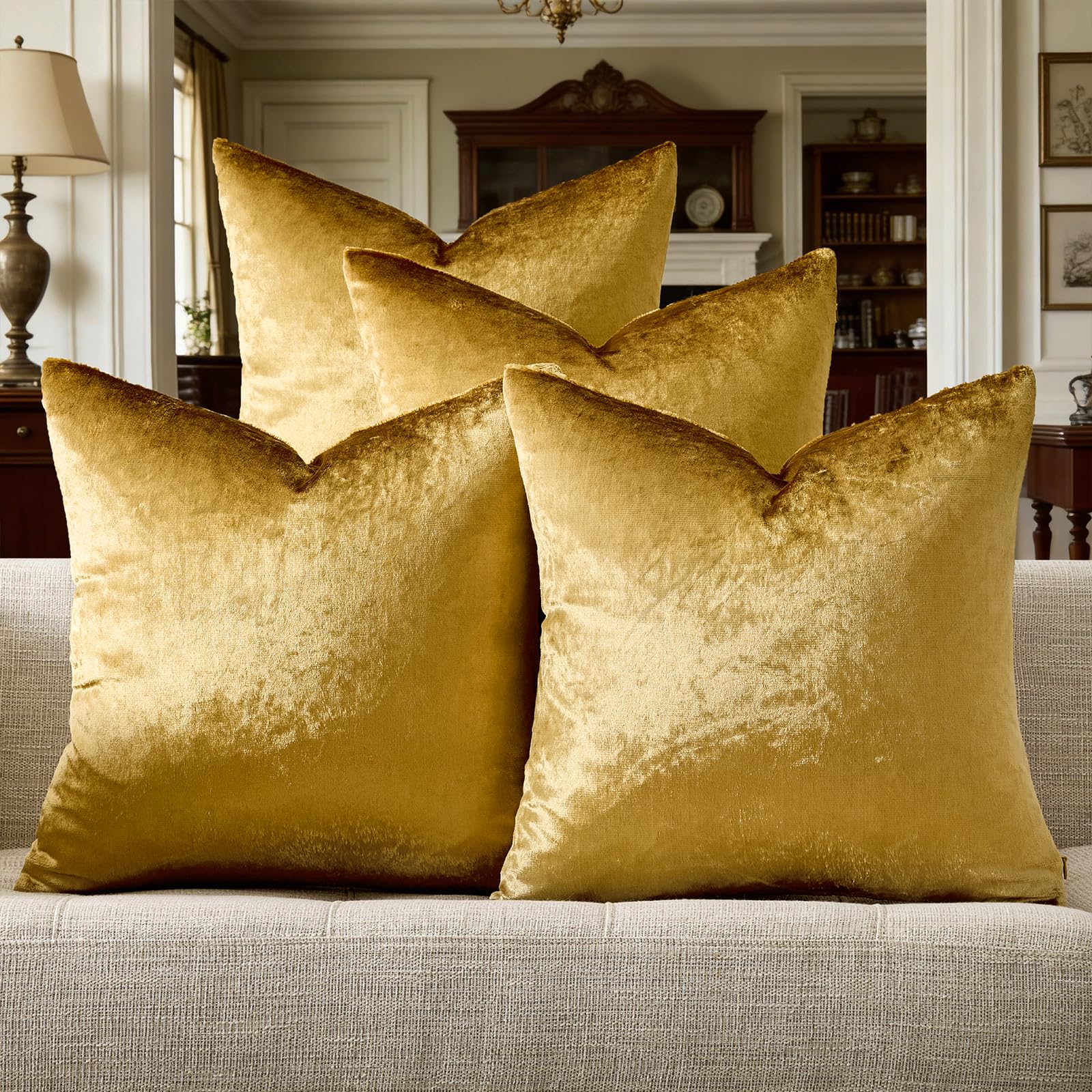 GIGIZAZA Velvet Gold Pillow Covers 18x18，Pack of 4 Decorative Throw Pillow Soft Covers Square Couch Pillow Modern Covers Living Room Luxury Cushion Covers