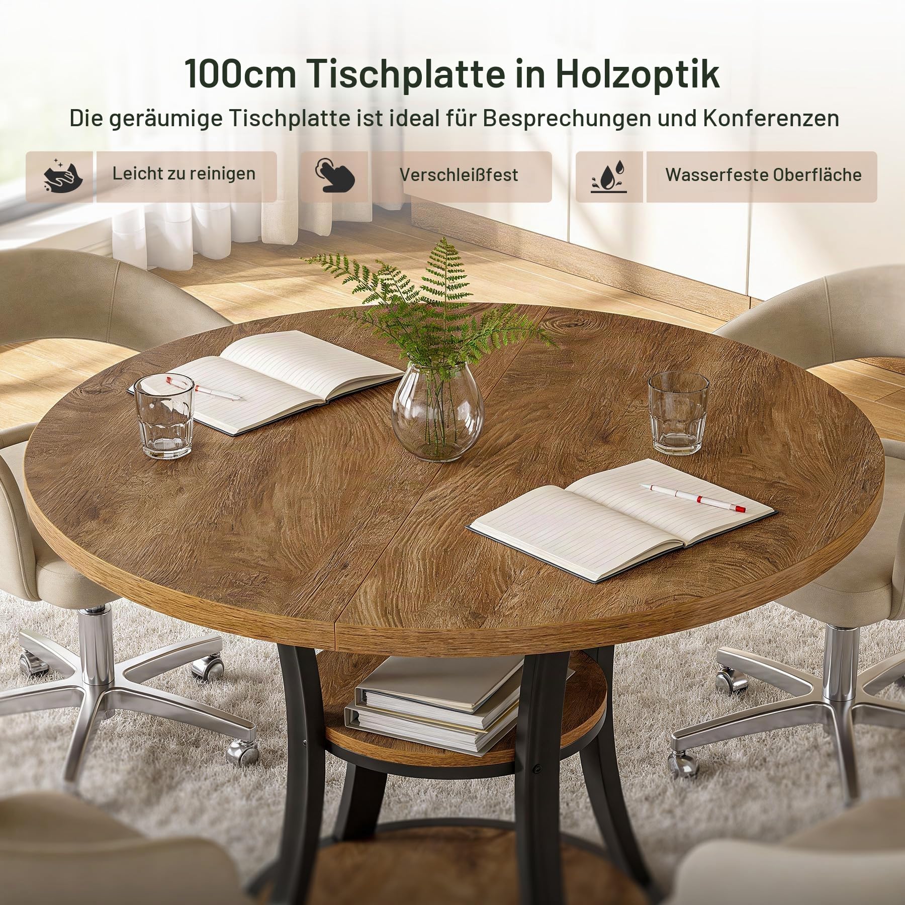 Tribesigns Runder Esstisch 100 cm für 4 Personen, Küchentisch mit 2-stufigem Stauraumregal, platzsparender Säulentisch, Landhaus-Stil für Esszimmer & kleine Räume (nur Tisch)