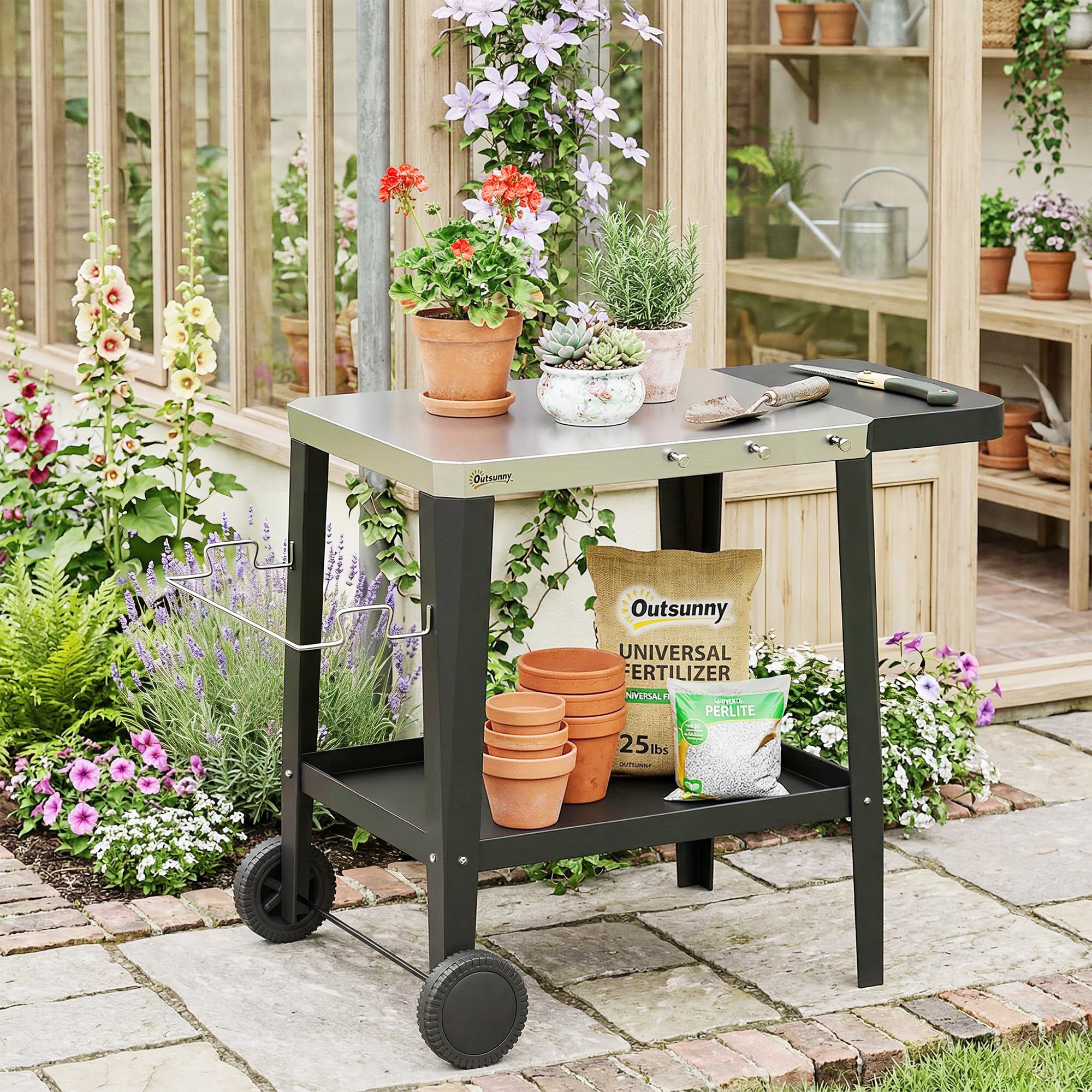 Outsunny Küchenwagen mit Rollen, Servierwagen, Rollwagen mit Haken, Papierrollenhalter, Müllsackständer, Küchenhilfe, BBQ Grilltisch aus Edelstahl Küchentrolley, 115 x 67,5 x 80,5 cm Schwarz