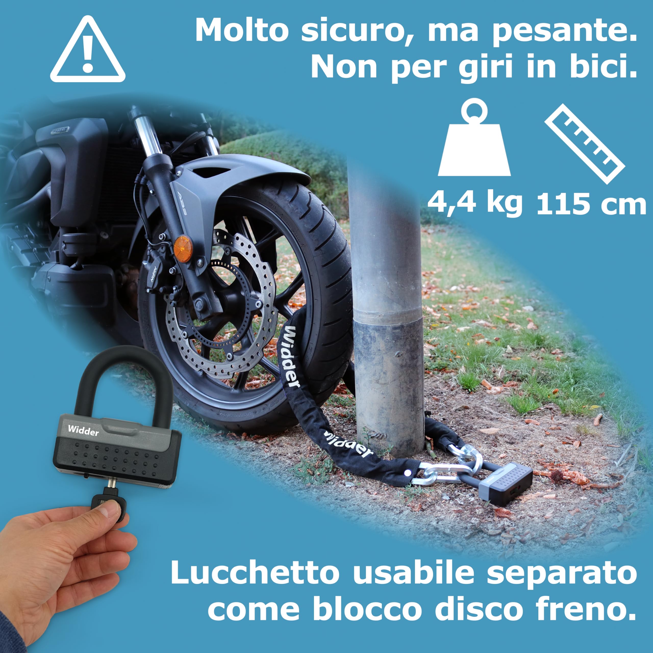 Widder Acciaio-Titanio [Livello 15] Catena antifurto con 4 chiavi 115cm lungo & 11mm massiccio - per Moto Motorino e-Bike Bicicletta e-Scooter Scooter Lucchetto - Antifurti moto & bici alta sicurezza