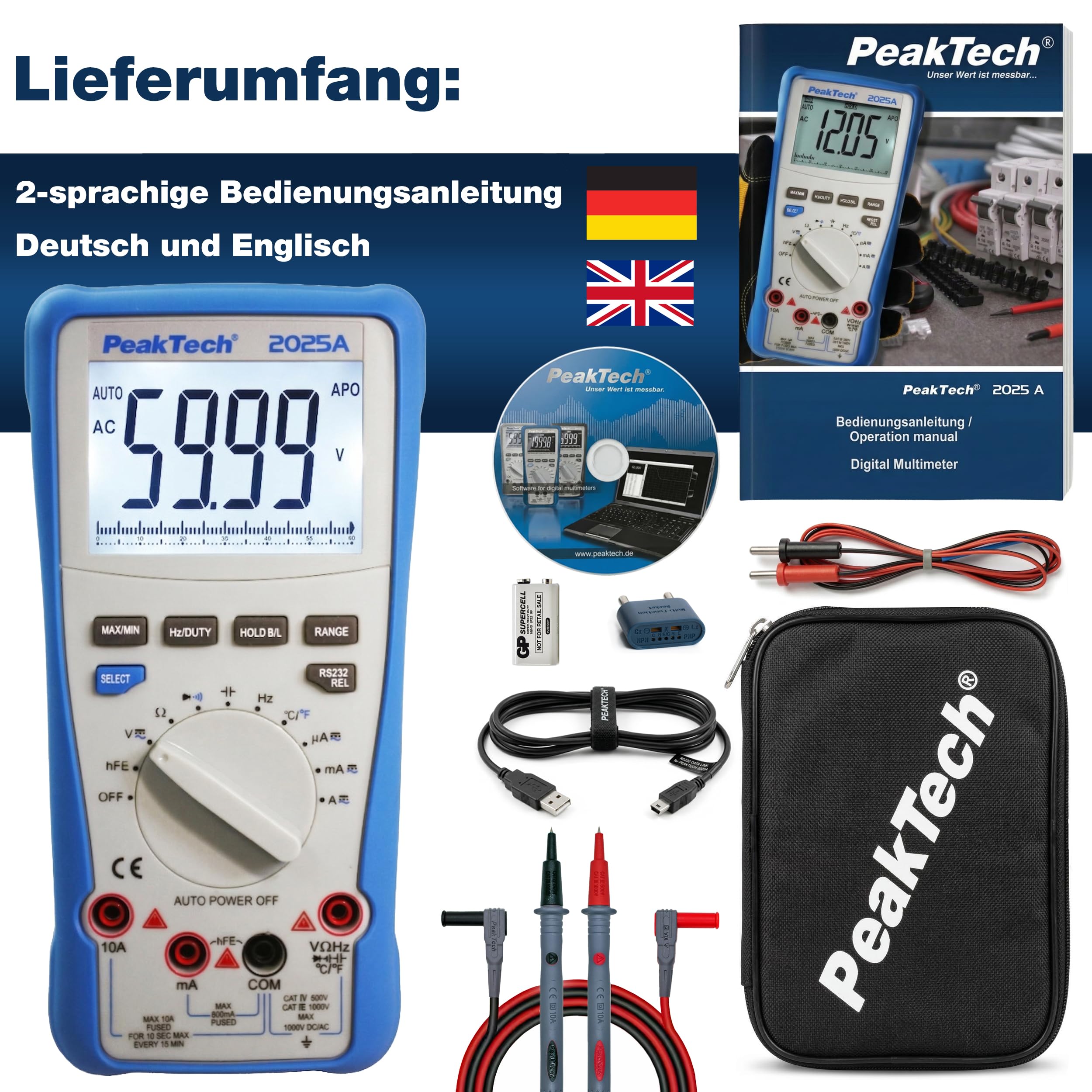PeakTech P 2025 A True RMS 1000 V multimetr cyfrowy 6000 zliczeń USB