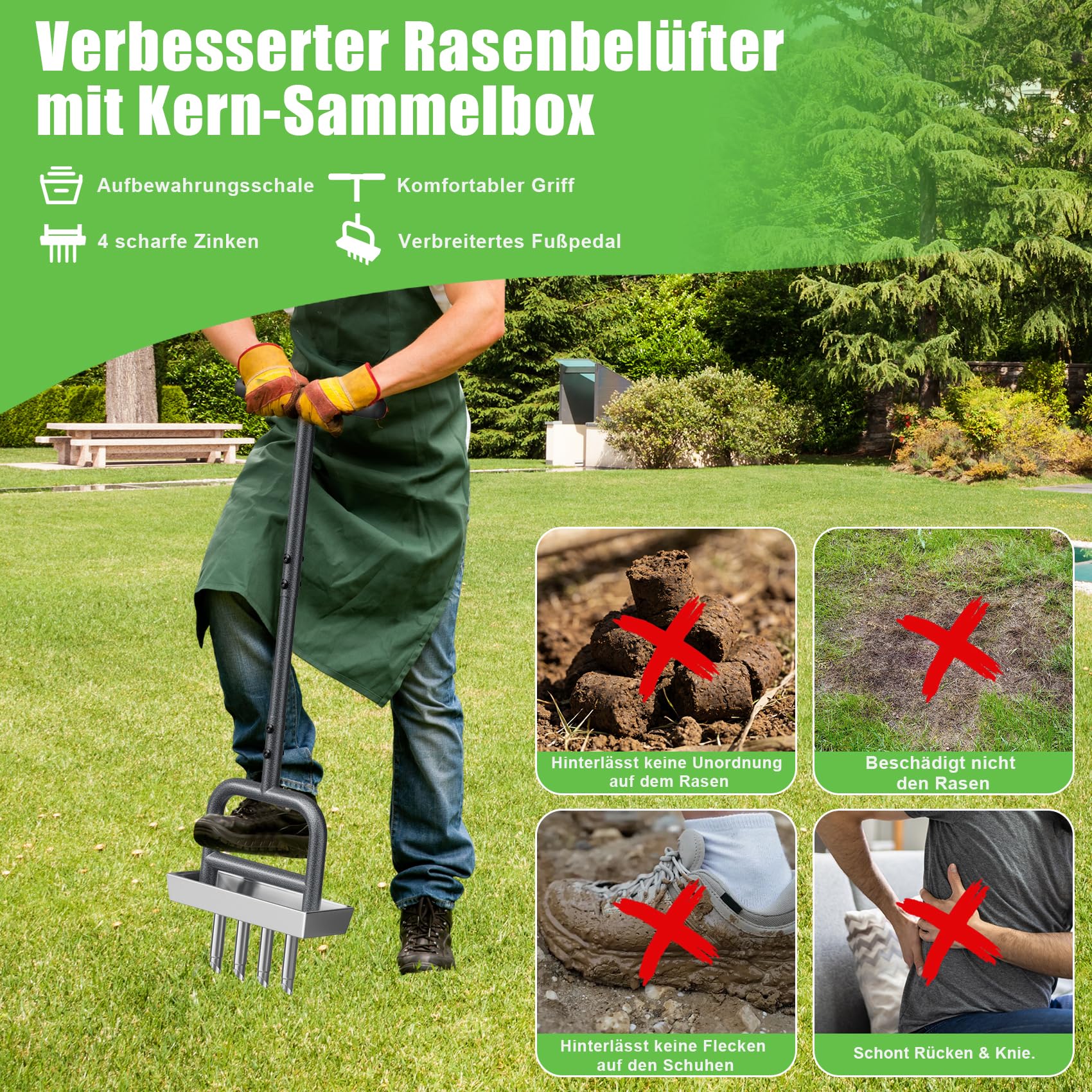 Rasenlüfter Manuell – Aerifizierer für Rasen Hohlspoon mit Edelstahl Ablageschale, Gartengeräten, Langem Griff mit Weichgriff, Asenbelüfter für Belüftung von verdichtetem Boden Rasenpflege Werkzeug