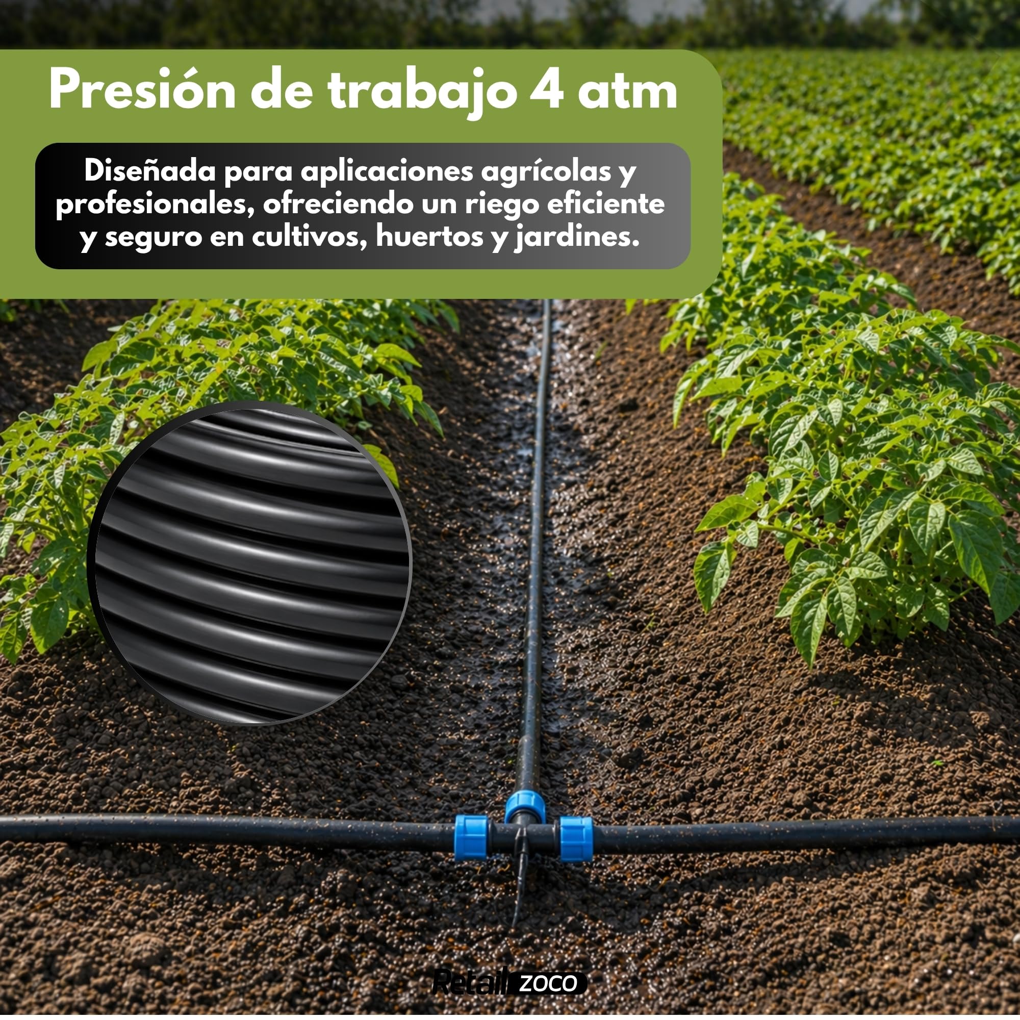Tuberia de Riego por Goteo, Tubería riego rigida de polietileno (PE) 16 mm de diámetro, Para uso tanto profesional o agrícola, Presión de uso máxima 4 atm, Color Negro, Longitud 100 Metros