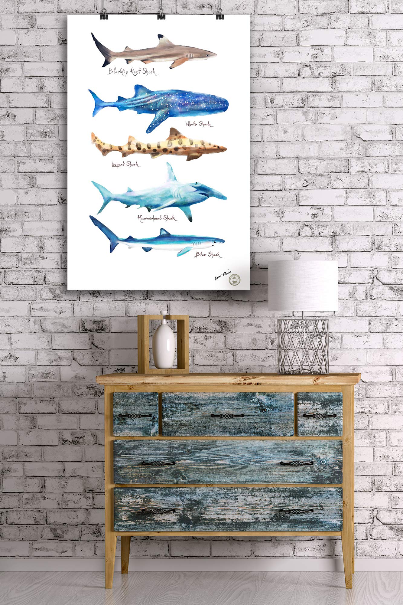 Amazon.co.jp: サメの名前 - 水彩画 81177 (24x36 サイン入りプリント