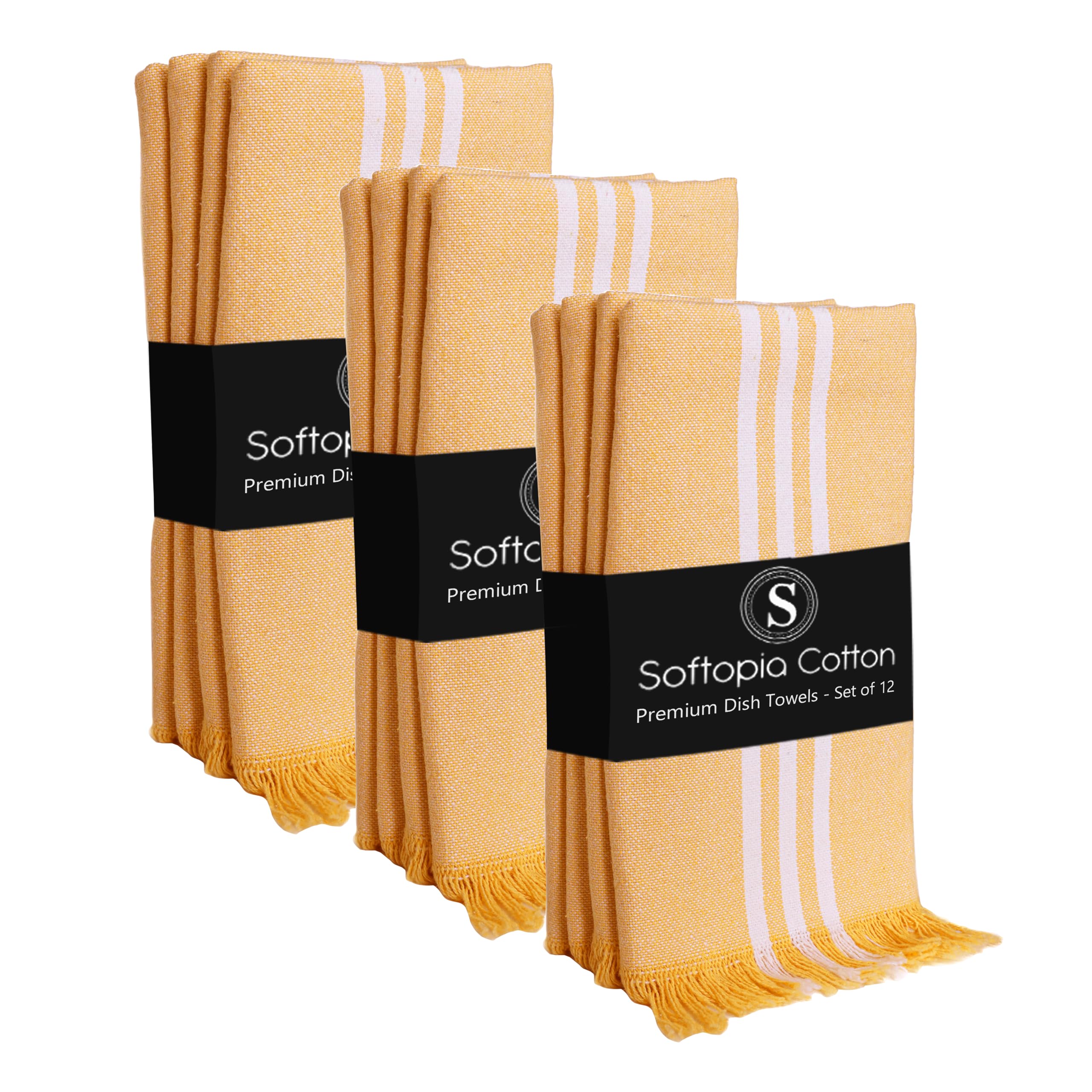 Stripe Kitchen Towels 12 Pack, 16x26 Inches, Dish Cloths for Drying, Wiping, Absorbent Tea Towels, Washable Rags, Reusable Cleaning Cloths for Everyday Kitchen Tasks - Mustard Yellow