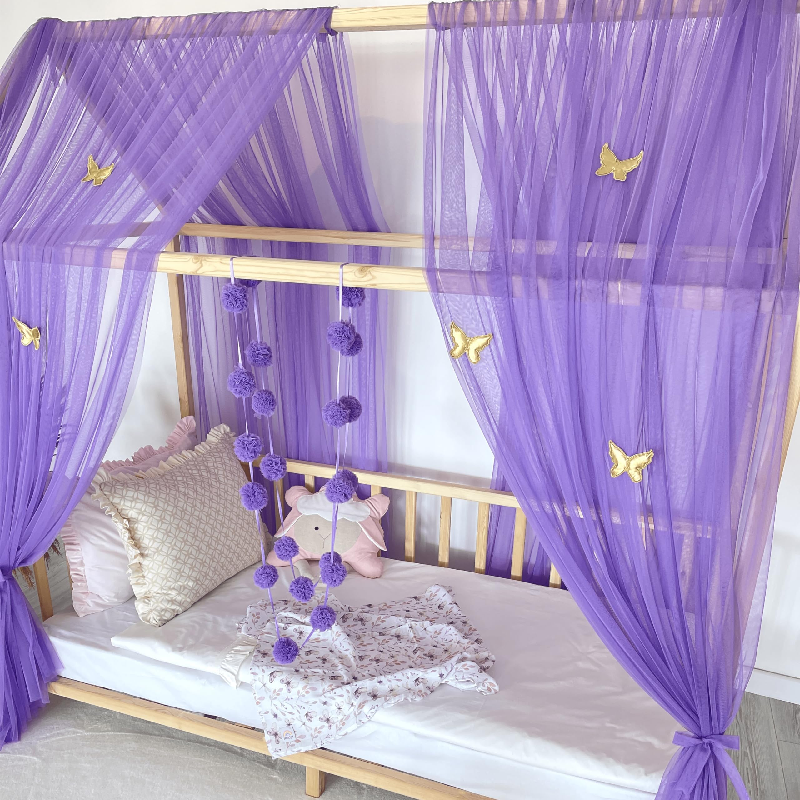 Baby Fancyroom Ciel De Lit Maison Avec Guirlande Pompons Tulle - Beige 300cm Sans Papillons