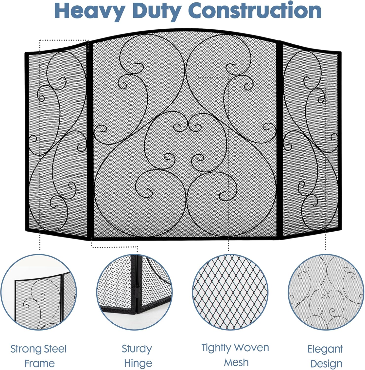 DUMOS 3 Panel Fireplace Screen with Hinged Doors, 51.2"(L) x 30.7"(H) Spark Guard Cover, Wrought Iron Metal Safety Gate for Fireplace and Living Room, Black