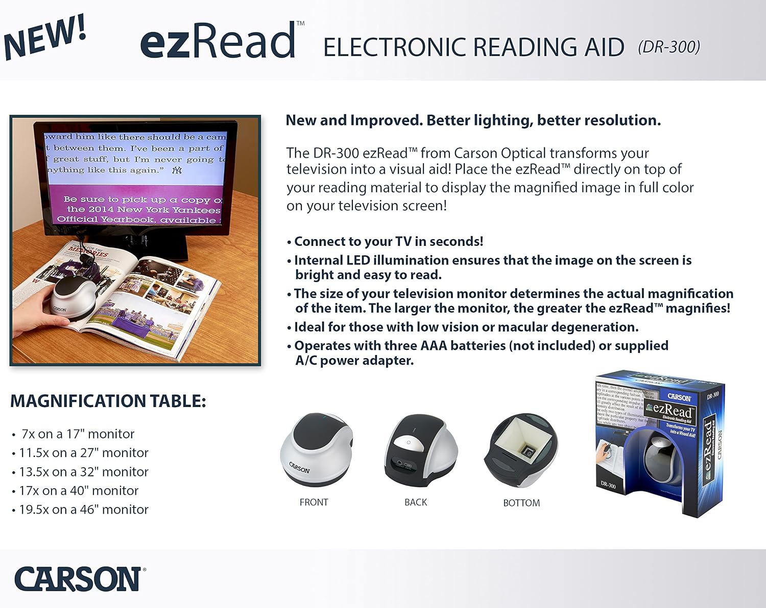 Carson ezRead Digital Magnifiers - Transforms Your Television into an Electronic Reading Aide (DR-200, DR-300)